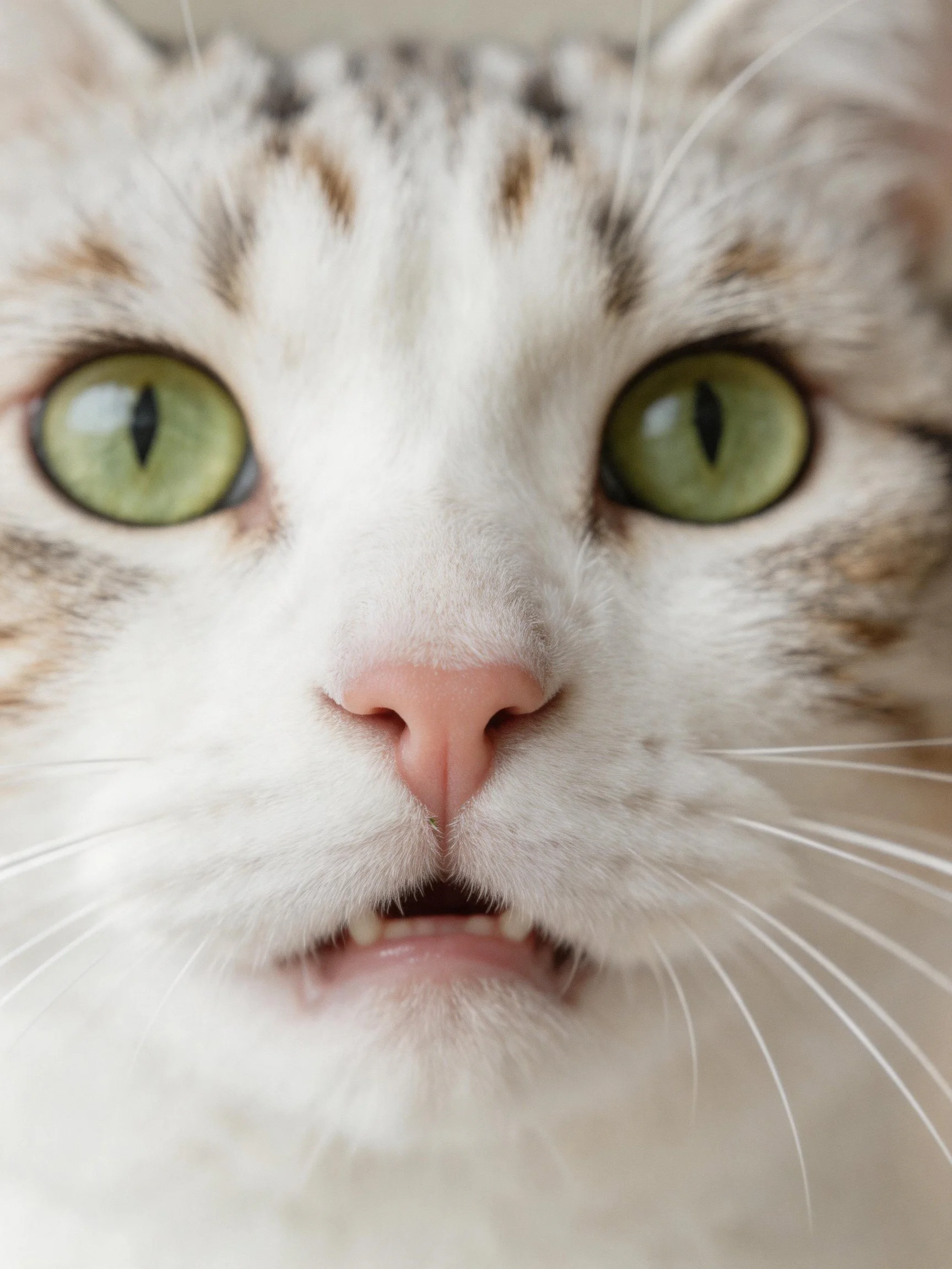 A close-up view of a cat with large green eyes and white fur.