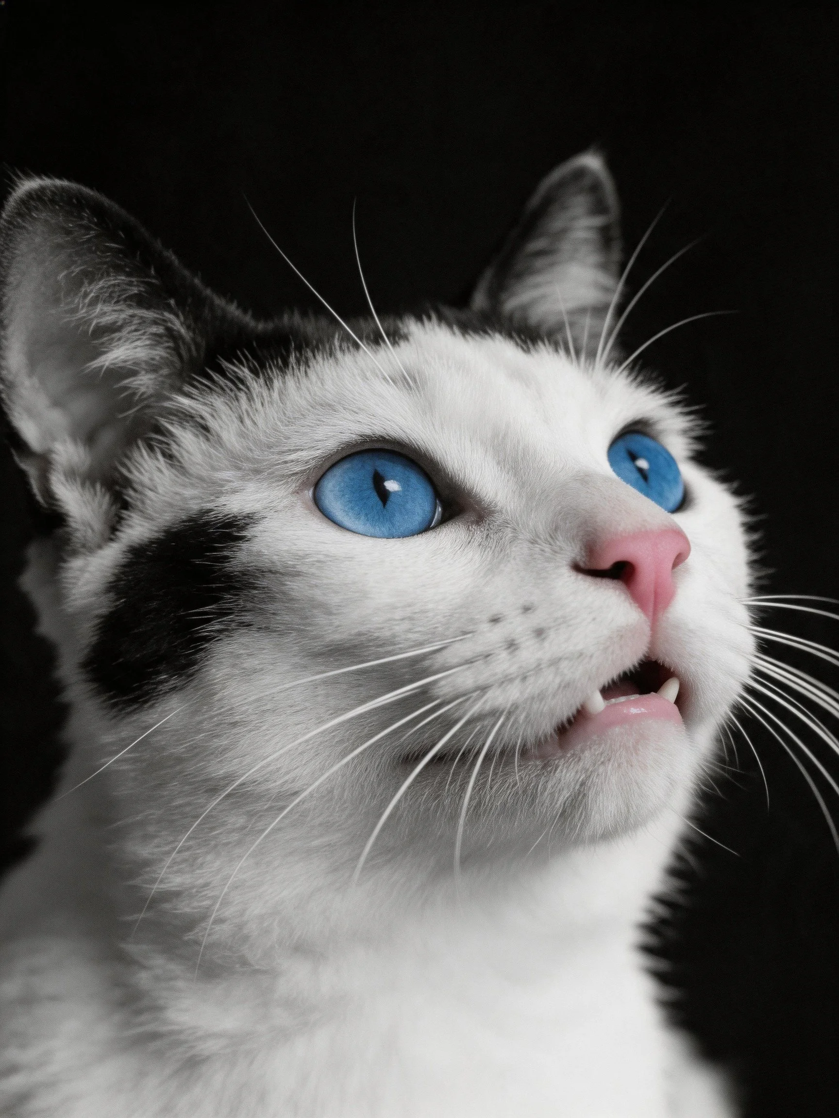 Close-up portrait of a cat with vivid blue eyes and black fur patches