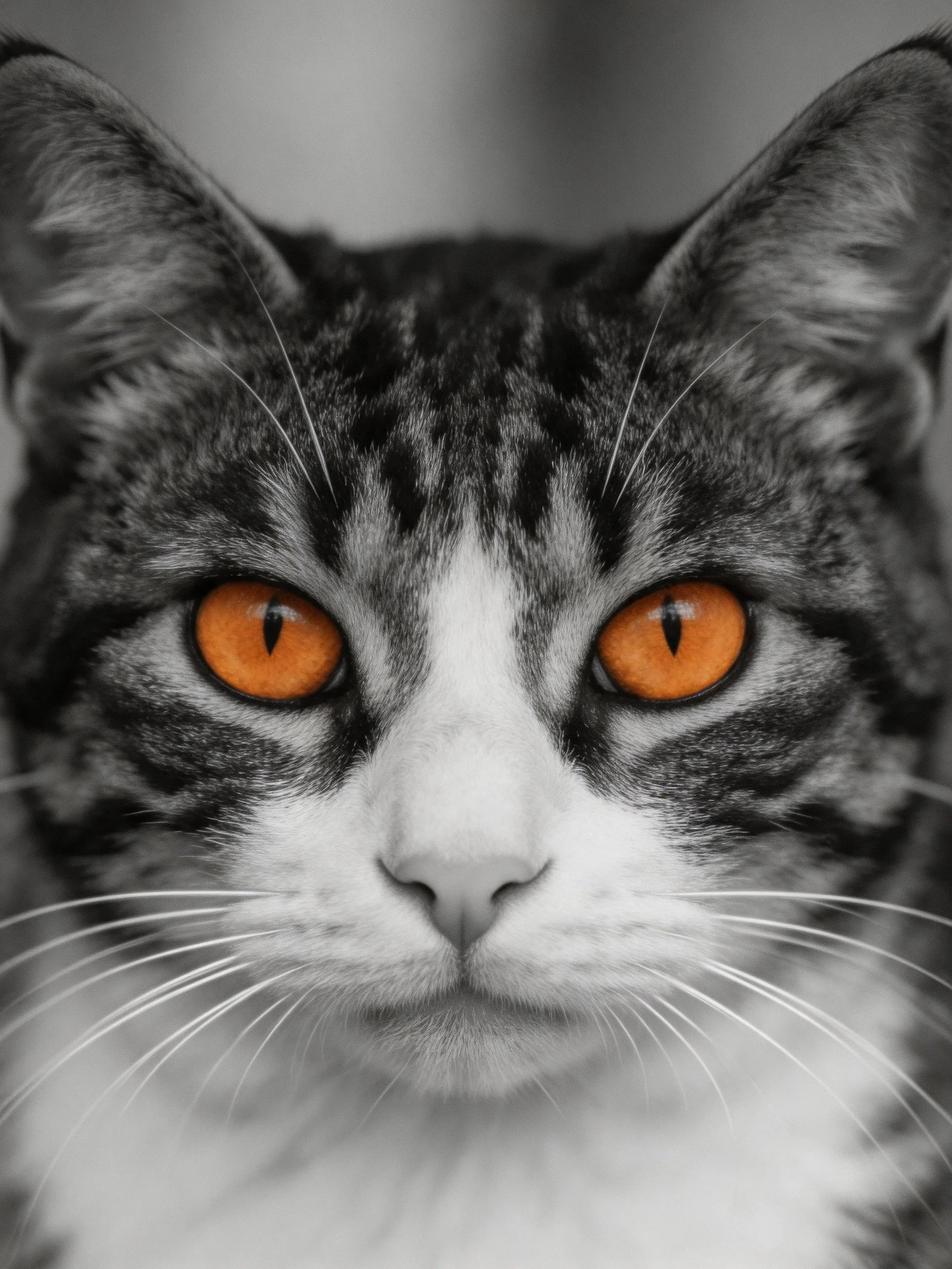 Close-up portrait of a cat with vivid orange eyes and black-and-white fur