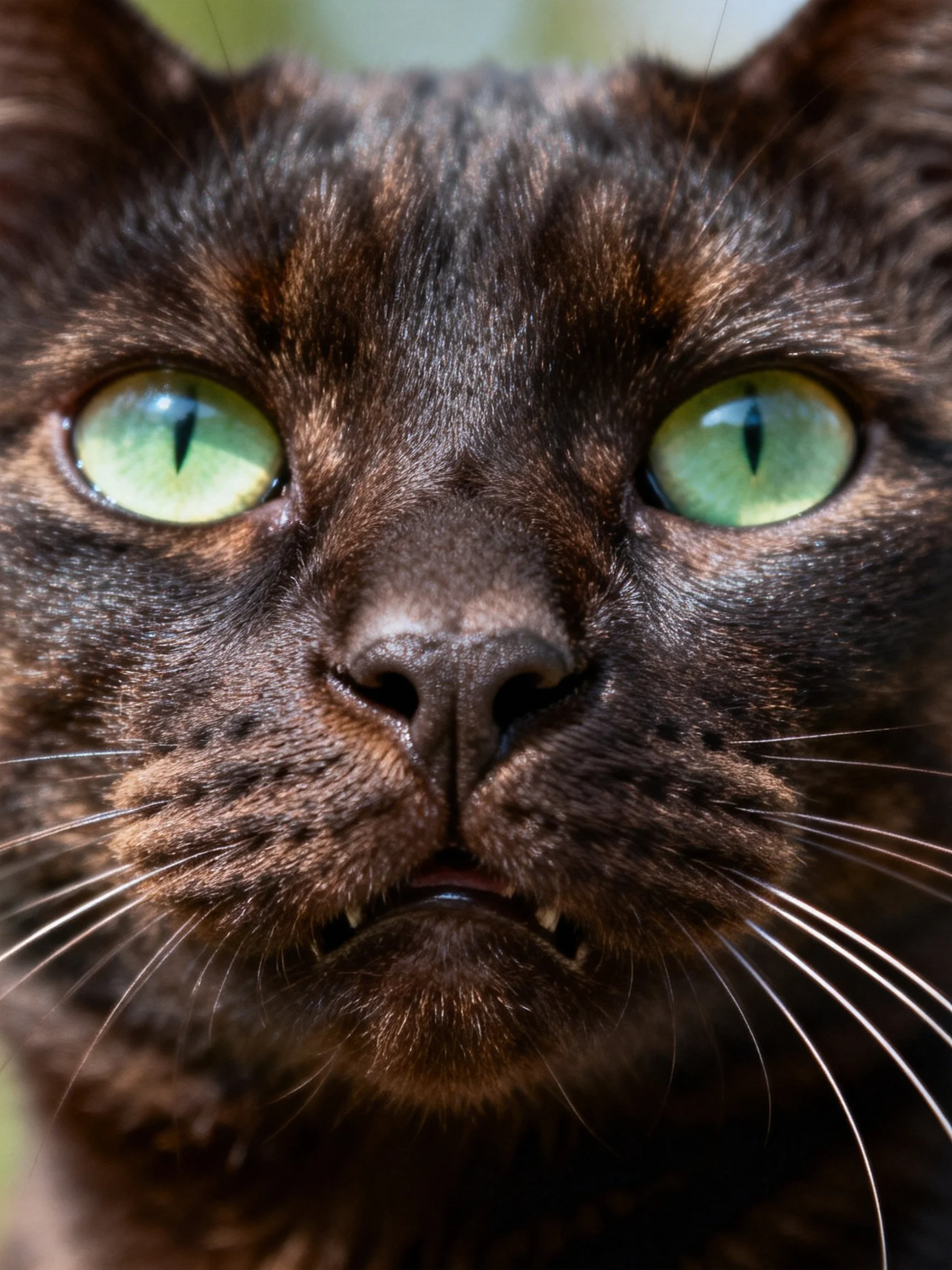 A close - up shows a dark brown cat with bright green eyes.