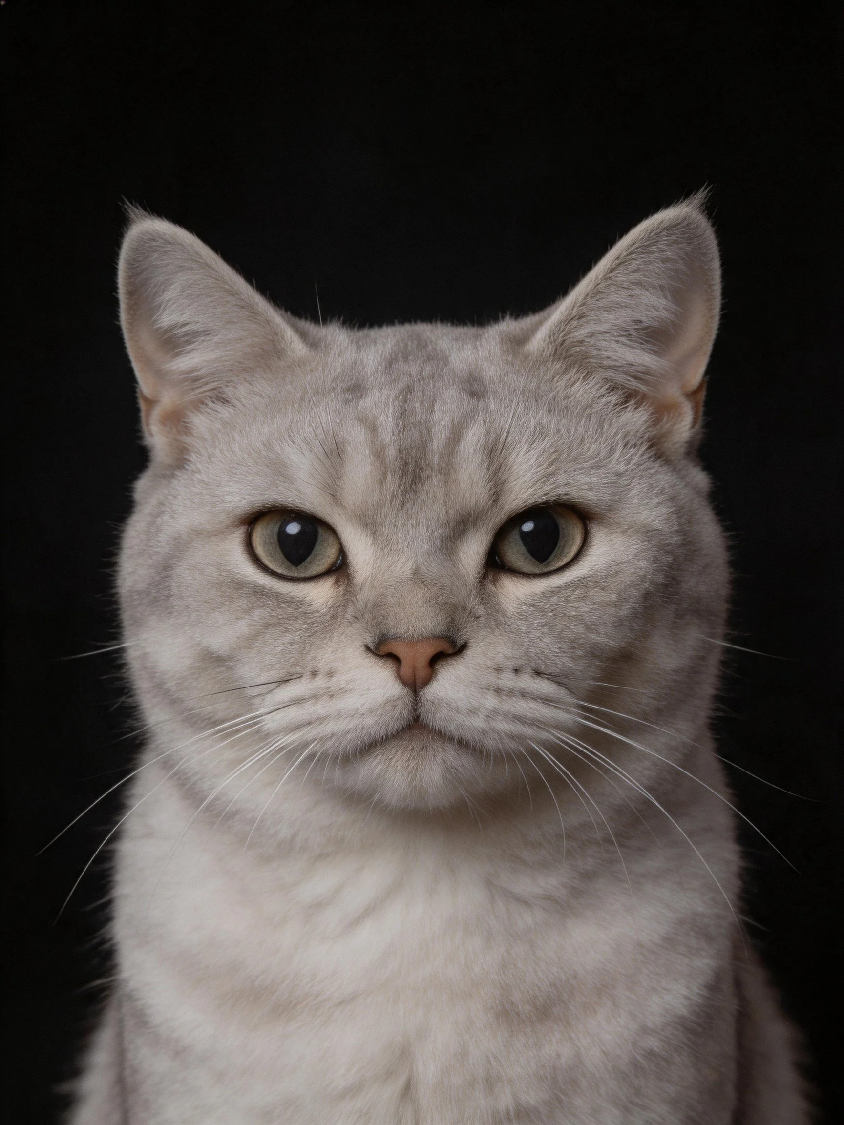 A close - up portrait shows a gray cat against a solid black background.