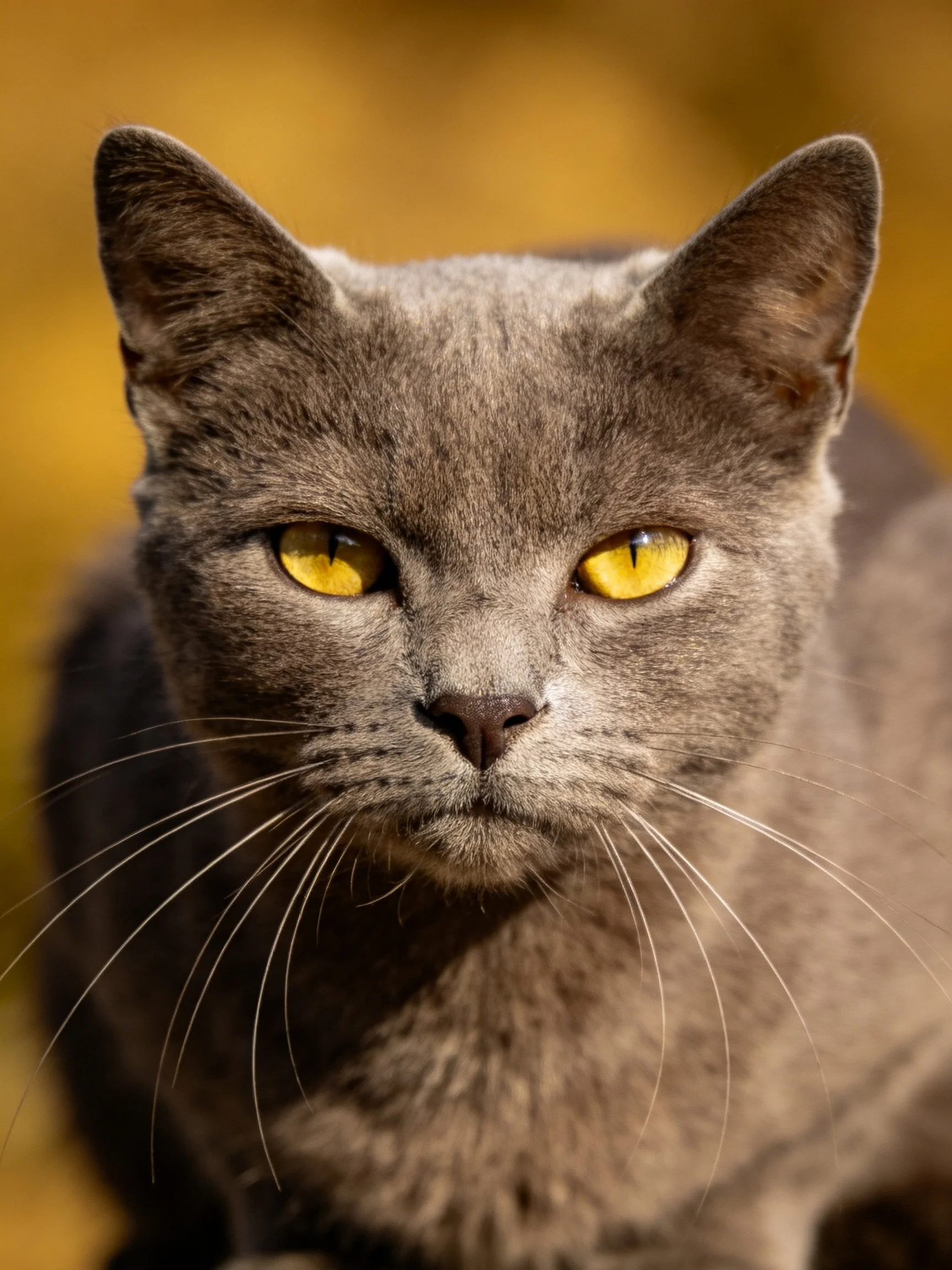 A gray cat with bright yellow eyes is shown in a close - up portrait.