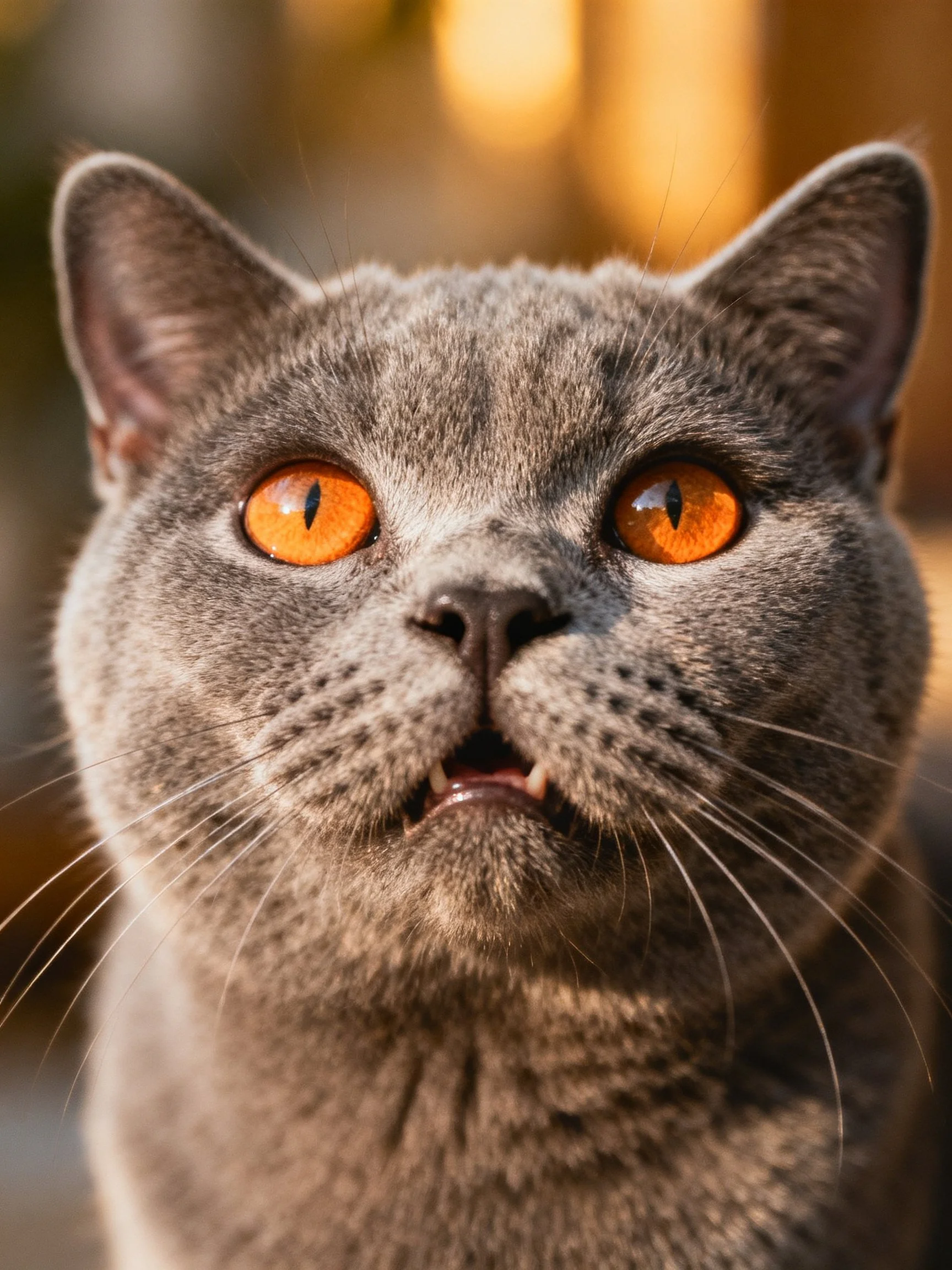 A gray cat with vivid orange eyes is captured in a close-up photograph.