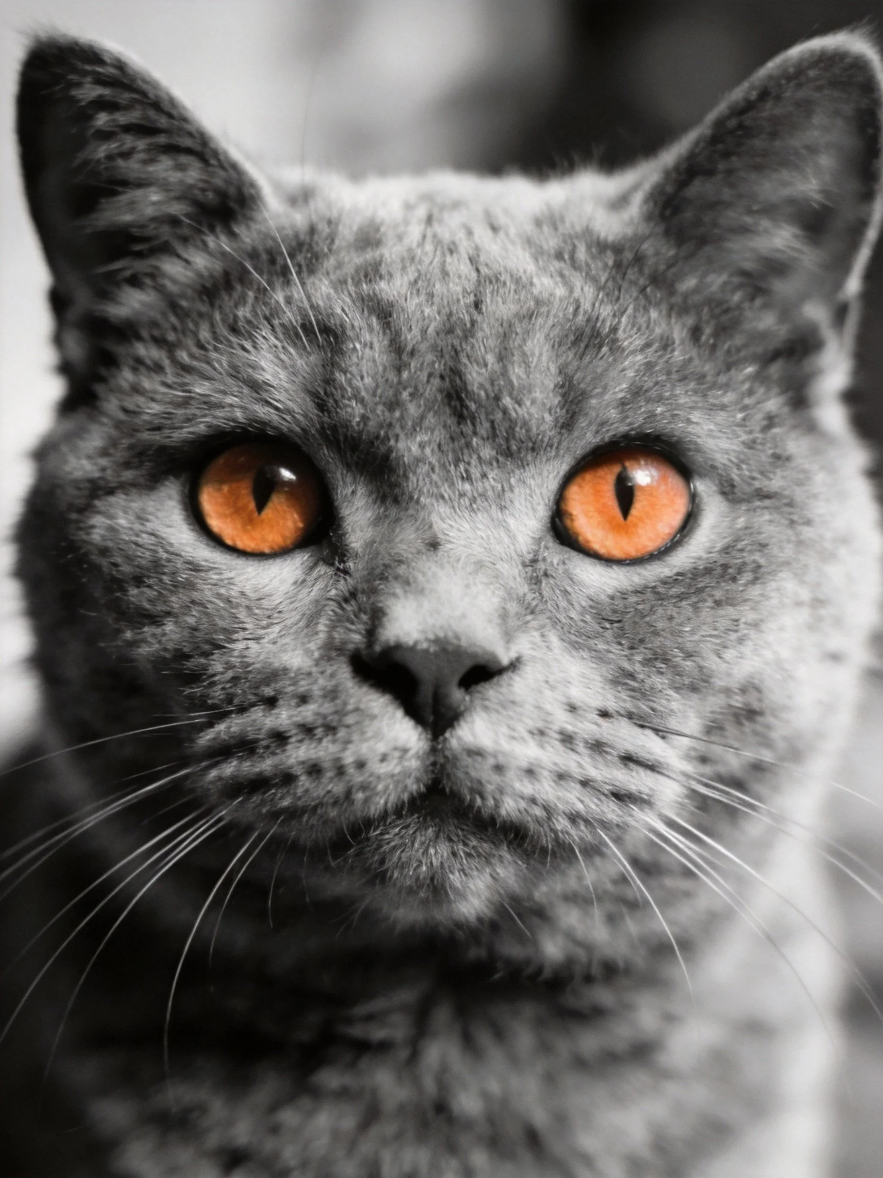 A close - up of a gray cat showcases vibrant orange eyes amid a monochrome setting.