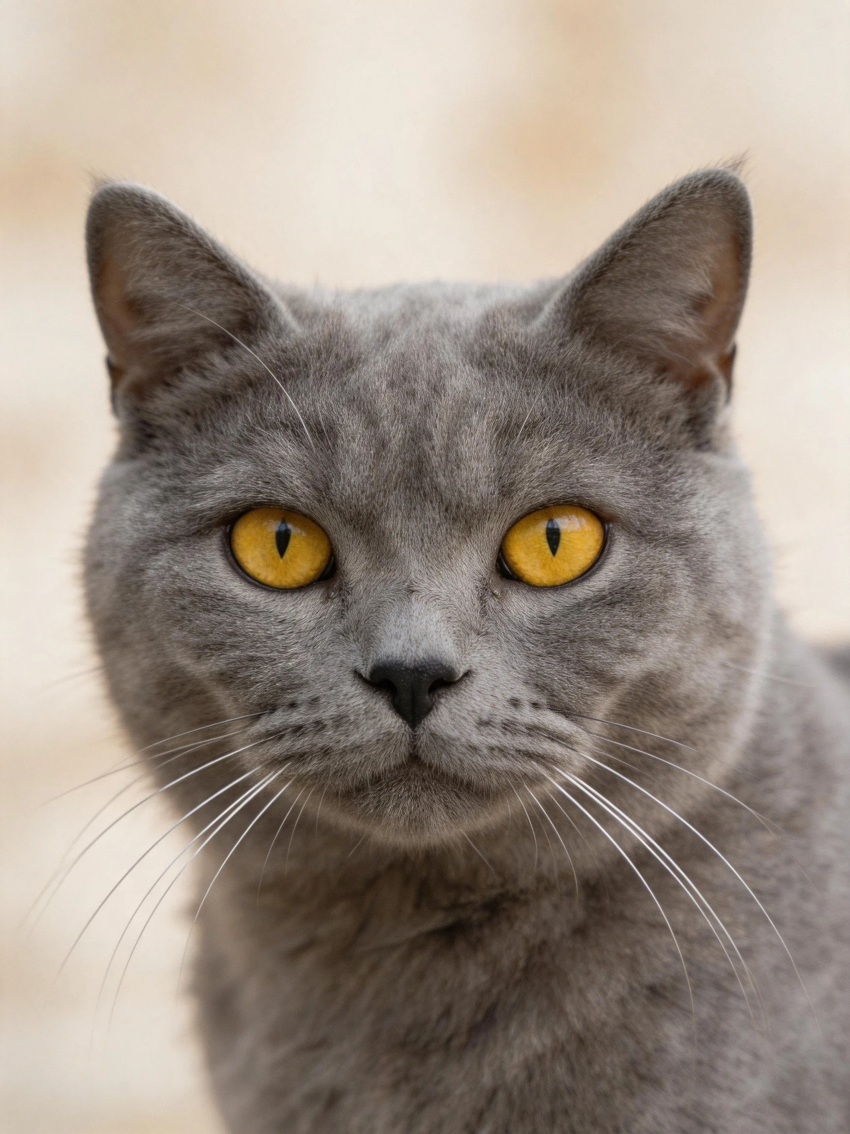 A gray cat with striking yellow eyes is featured in a close-up photograph.