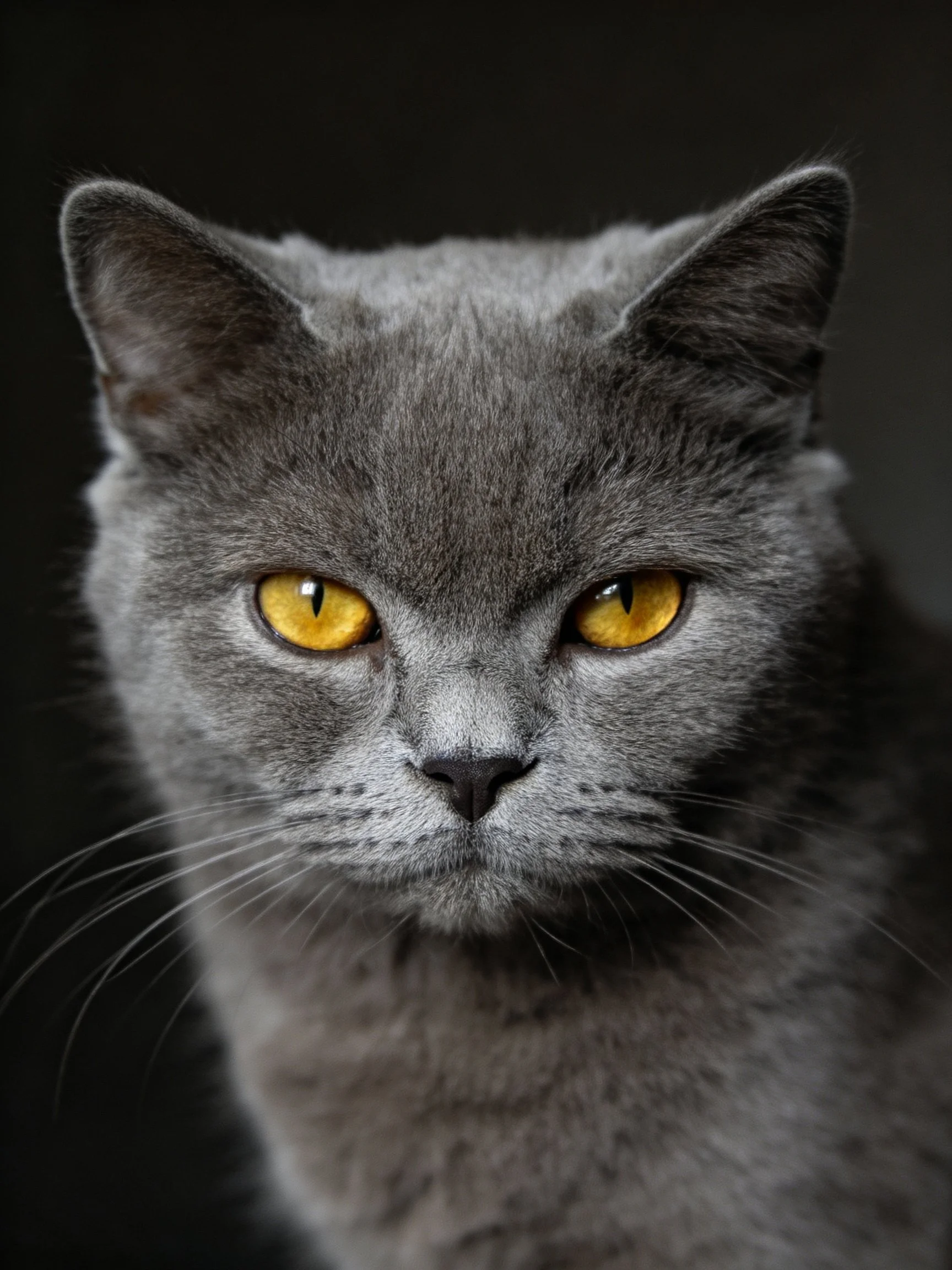 A gray cat with striking yellow eyes is photographed up close against a dark backdrop.