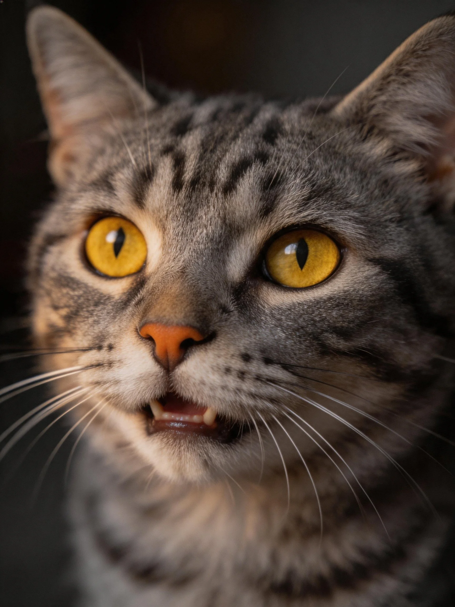 A gray tabby cat with bright yellow eyes is featured in a close-up photograph.