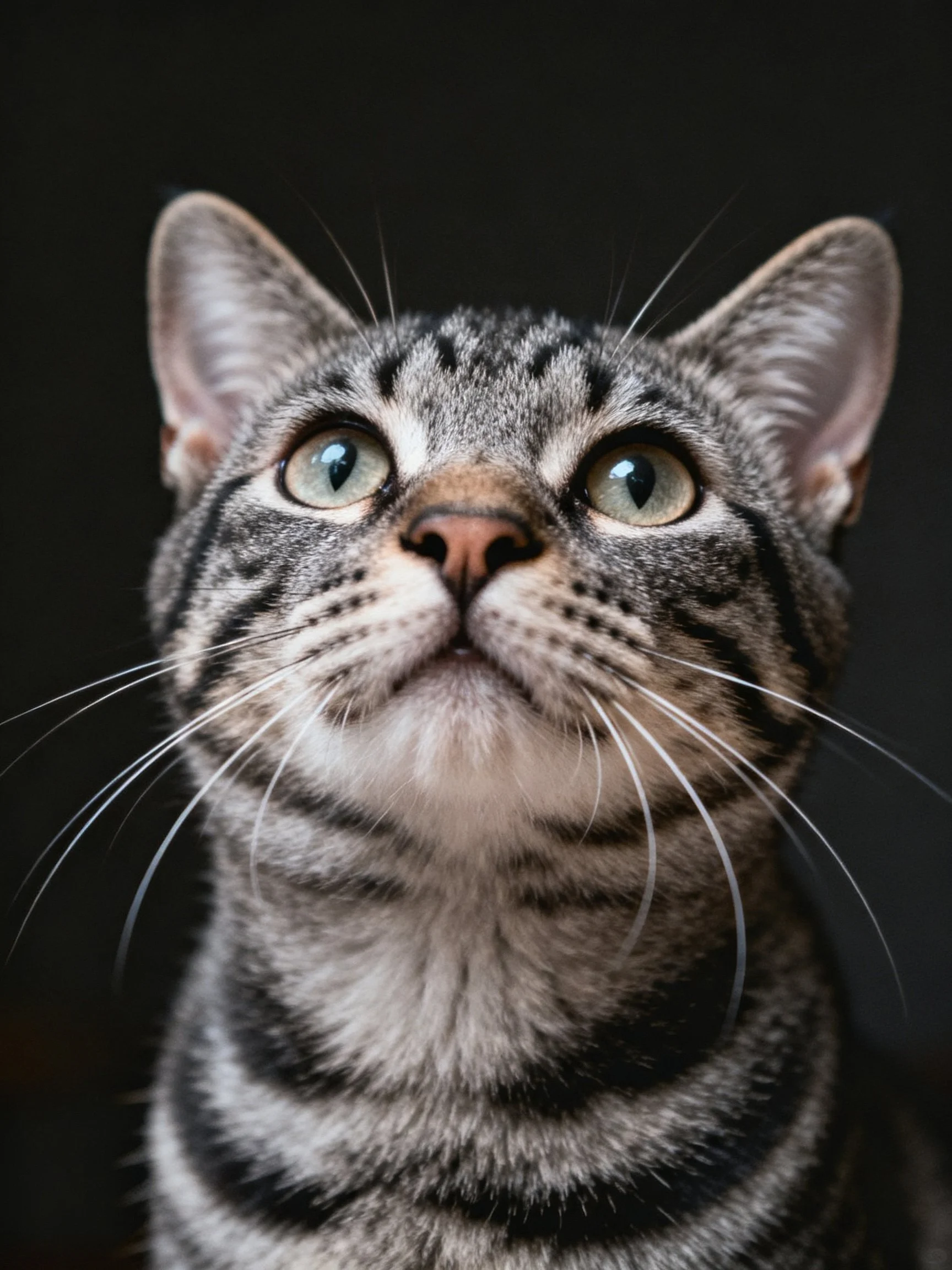 A gray tabby cat gazes upward with bright green eyes against a dark backdrop.