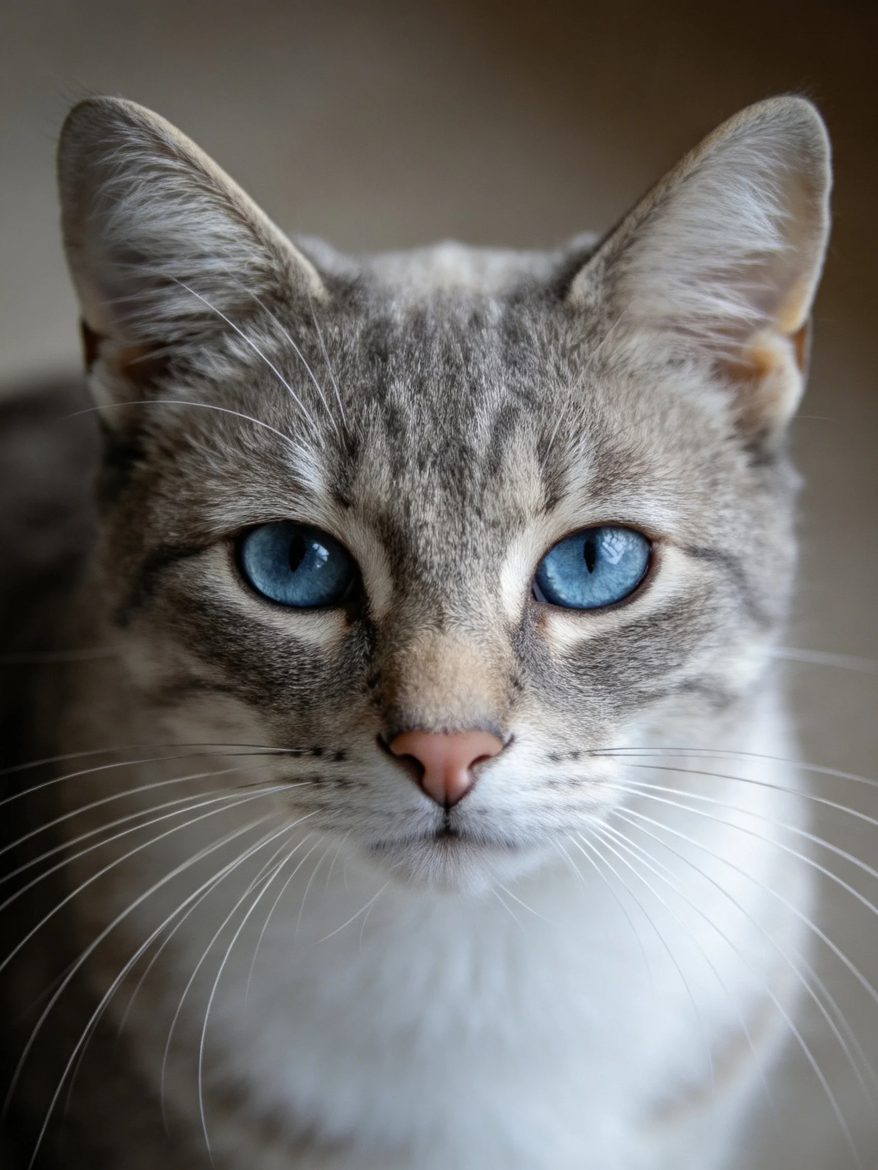 Close-up portrait of a gray tabby cat with vivid blue eyes