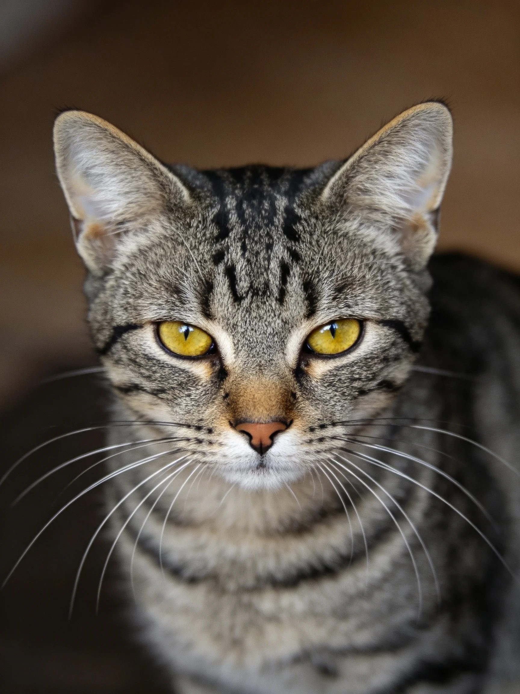 A close - up portrait highlights a gray tabby cat with striking yellow eyes.