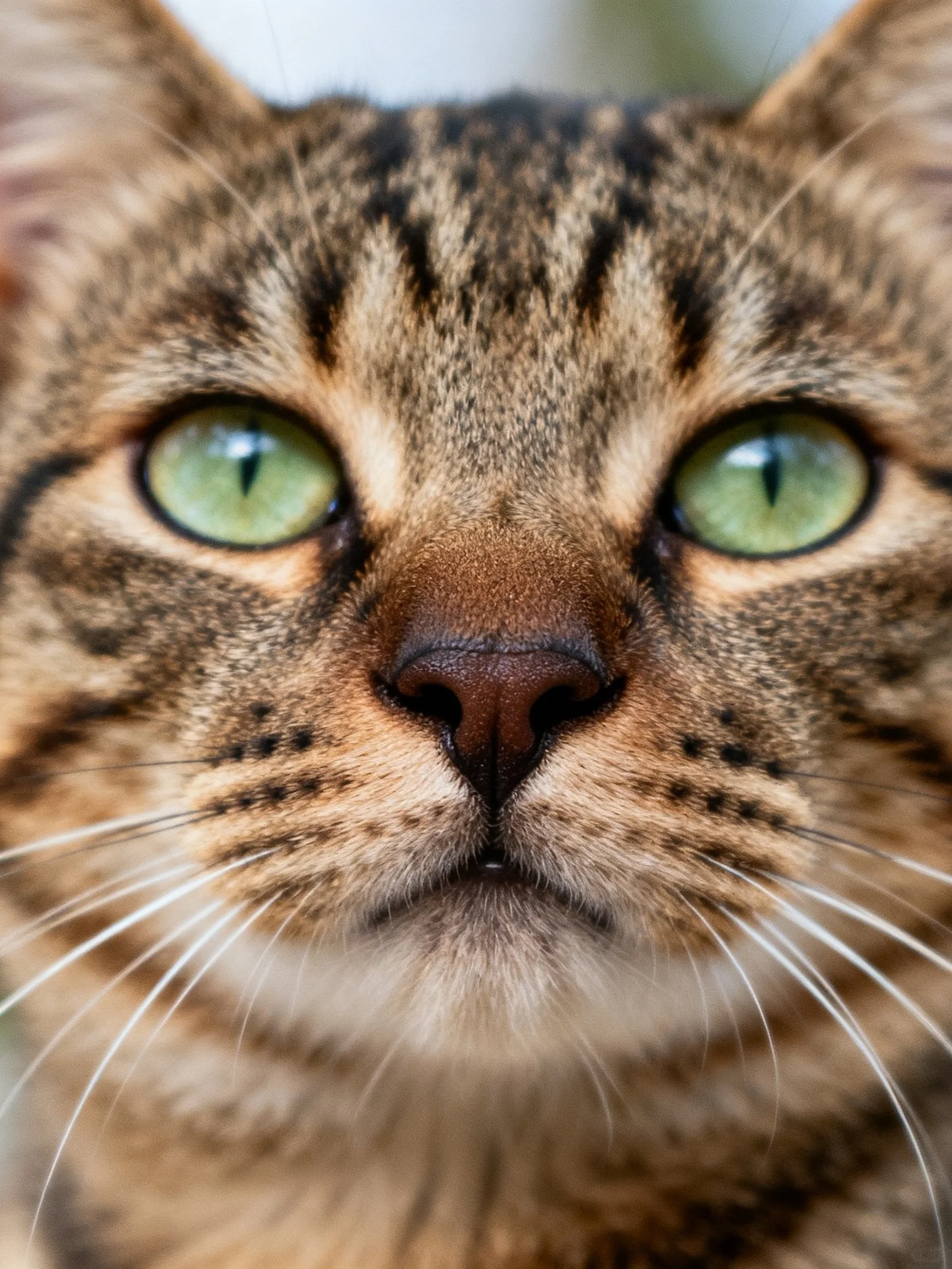 Close - up portrait of a tabby cat with bright green eyes