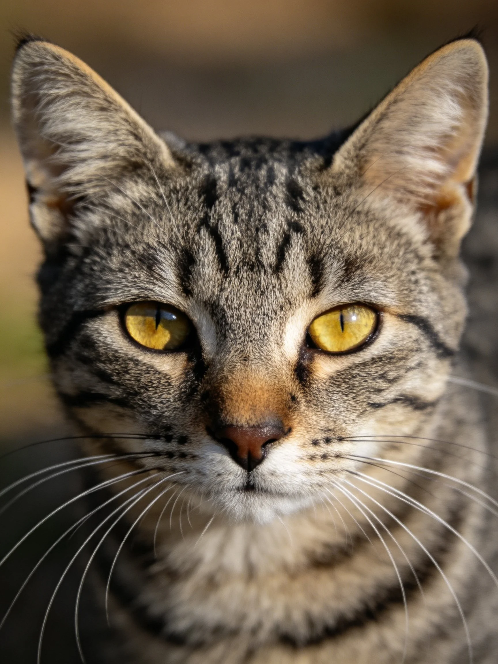 A close-up view of a tabby cat featuring bright yellow eyes.