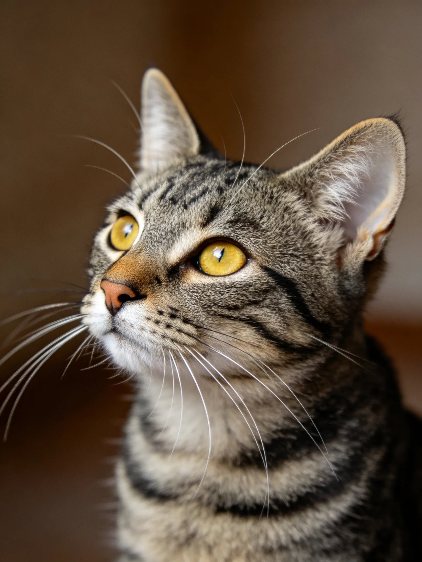 A close - up shows a tabby cat gazing upward with bright yellow eyes.