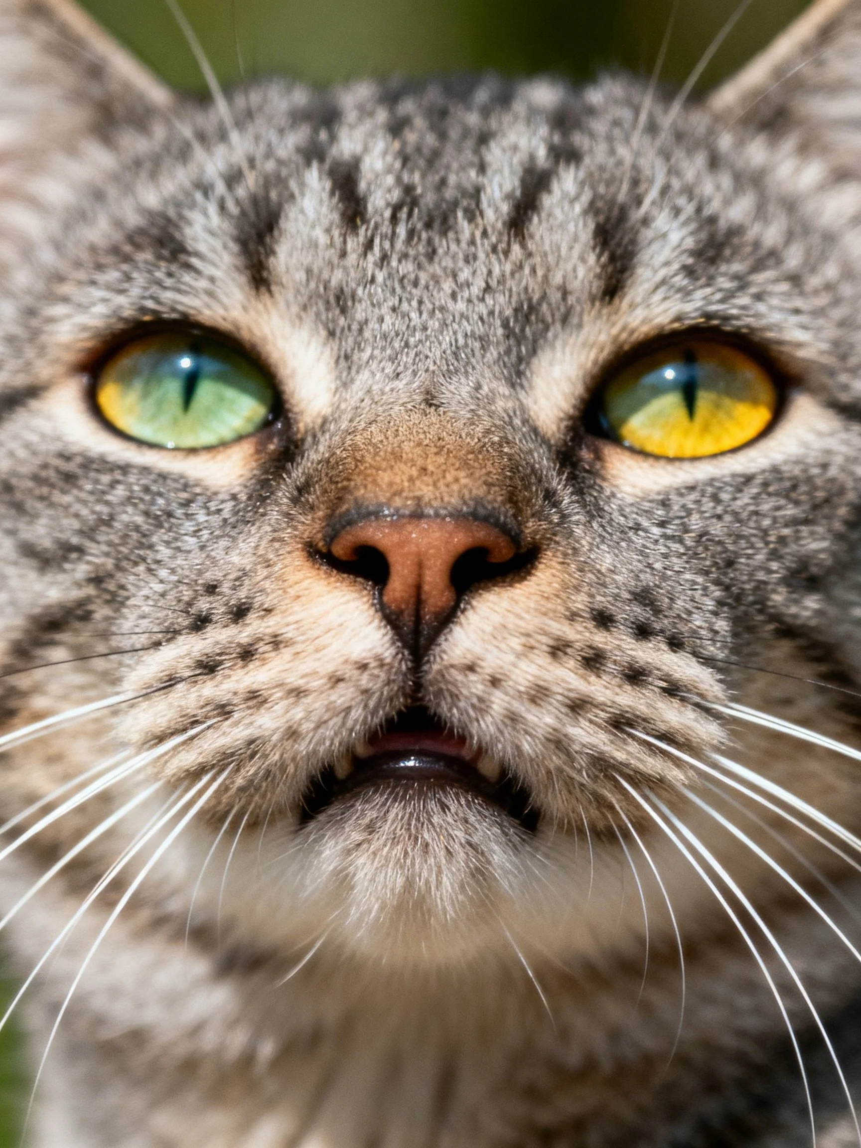 A close-up reveals a tabby cat with strikingly colored eyes and distinct fur patterns.