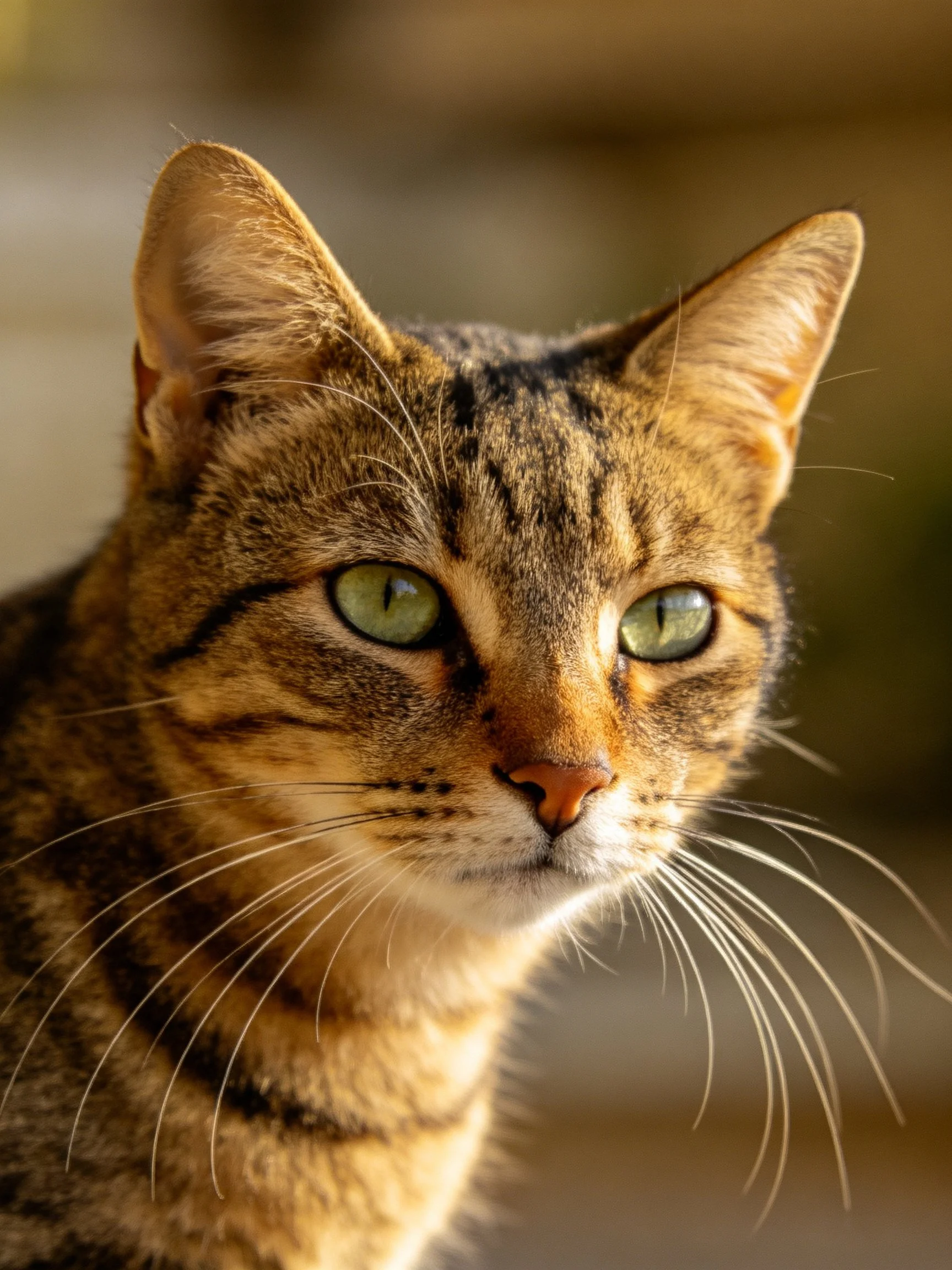 A close - up of a tabby cat highlighting its green eyes and striped fur.