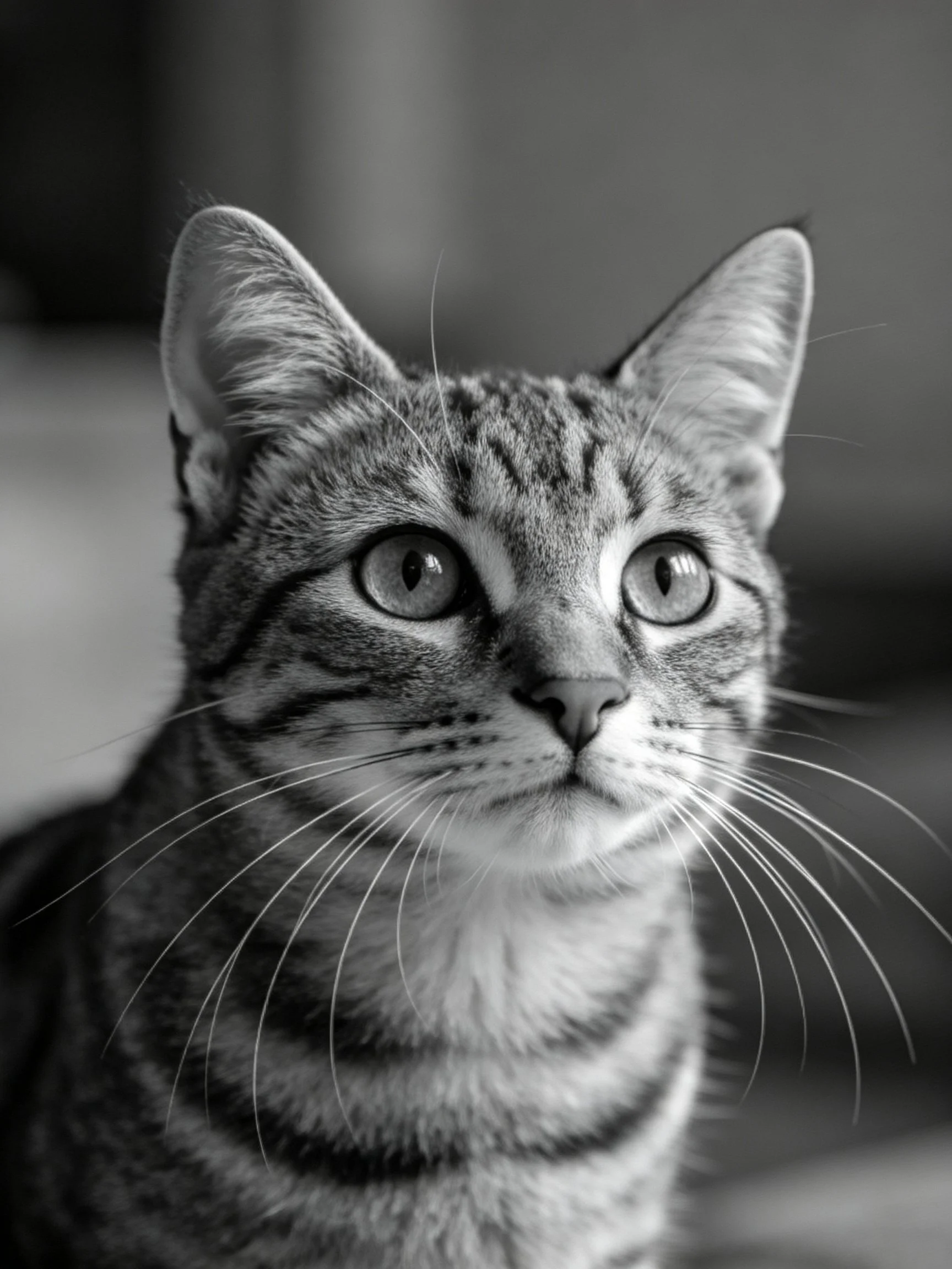 Close-up portrait of a tabby cat with prominent whiskers