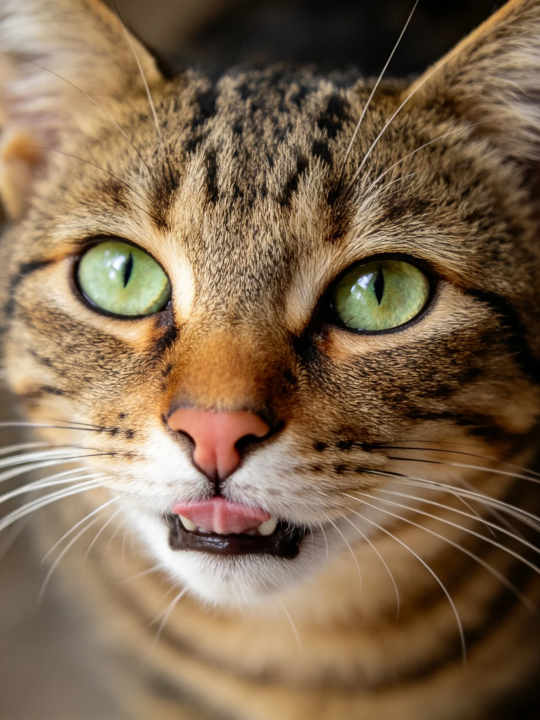 Close-up portrait of a tabby cat with vibrant green eyes