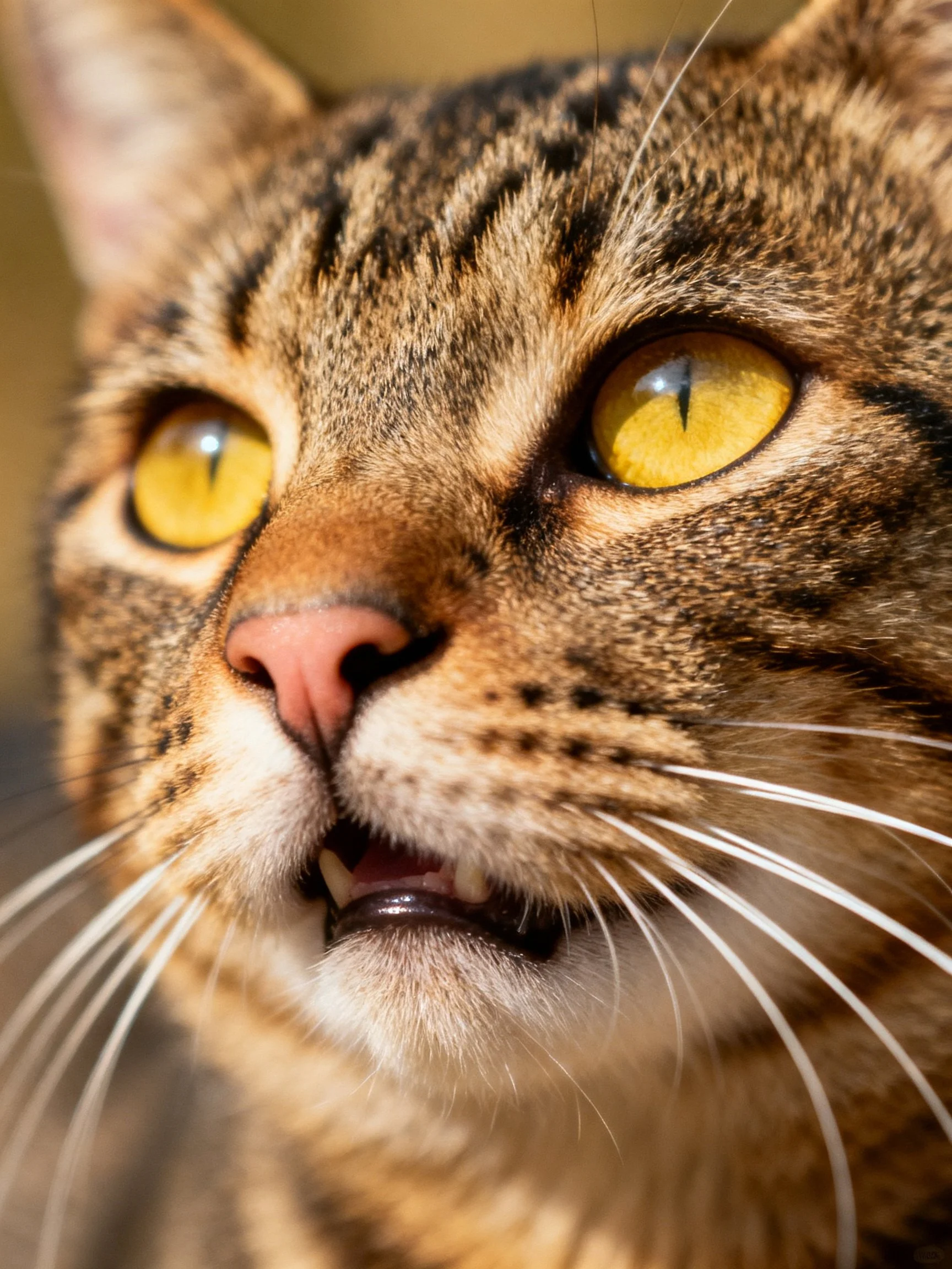A close-up view of a tabby cat highlighting its striking yellow eyes and patterned coat.