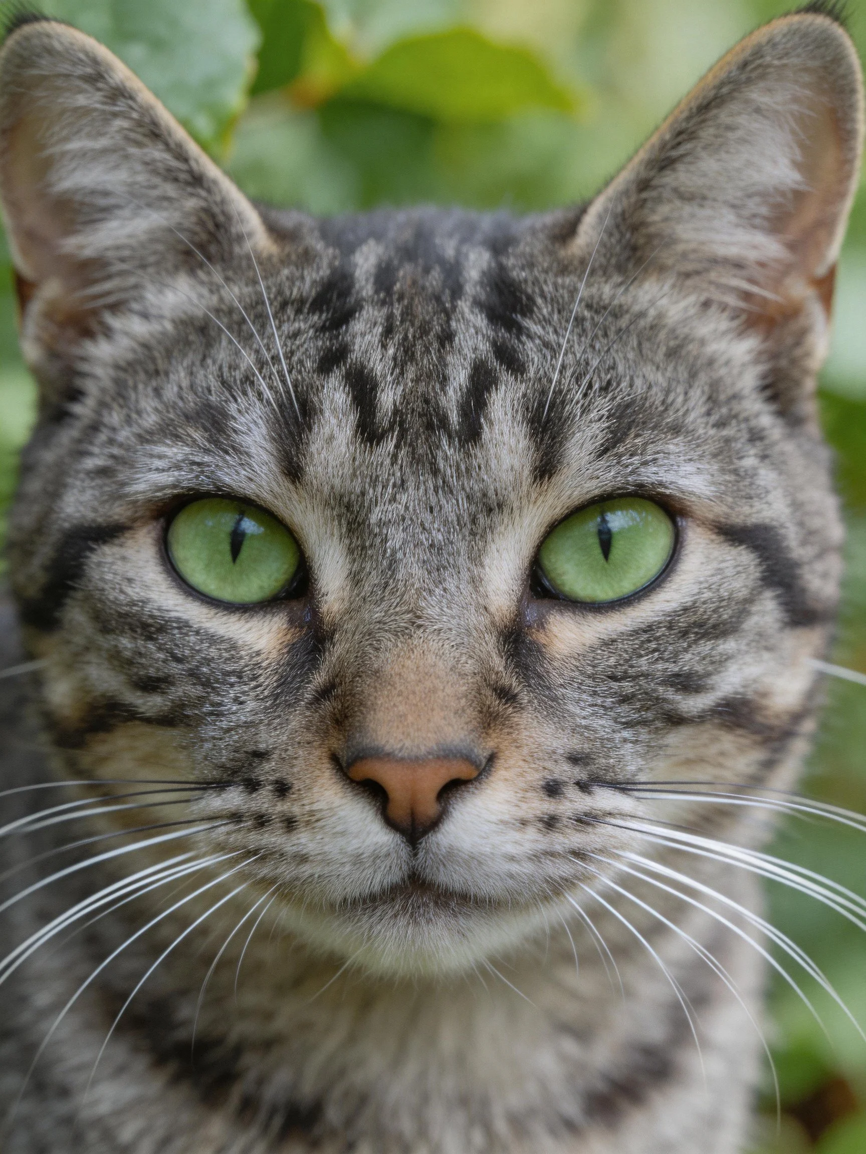 Close-up portrait of a tabby cat with vivid green eyes