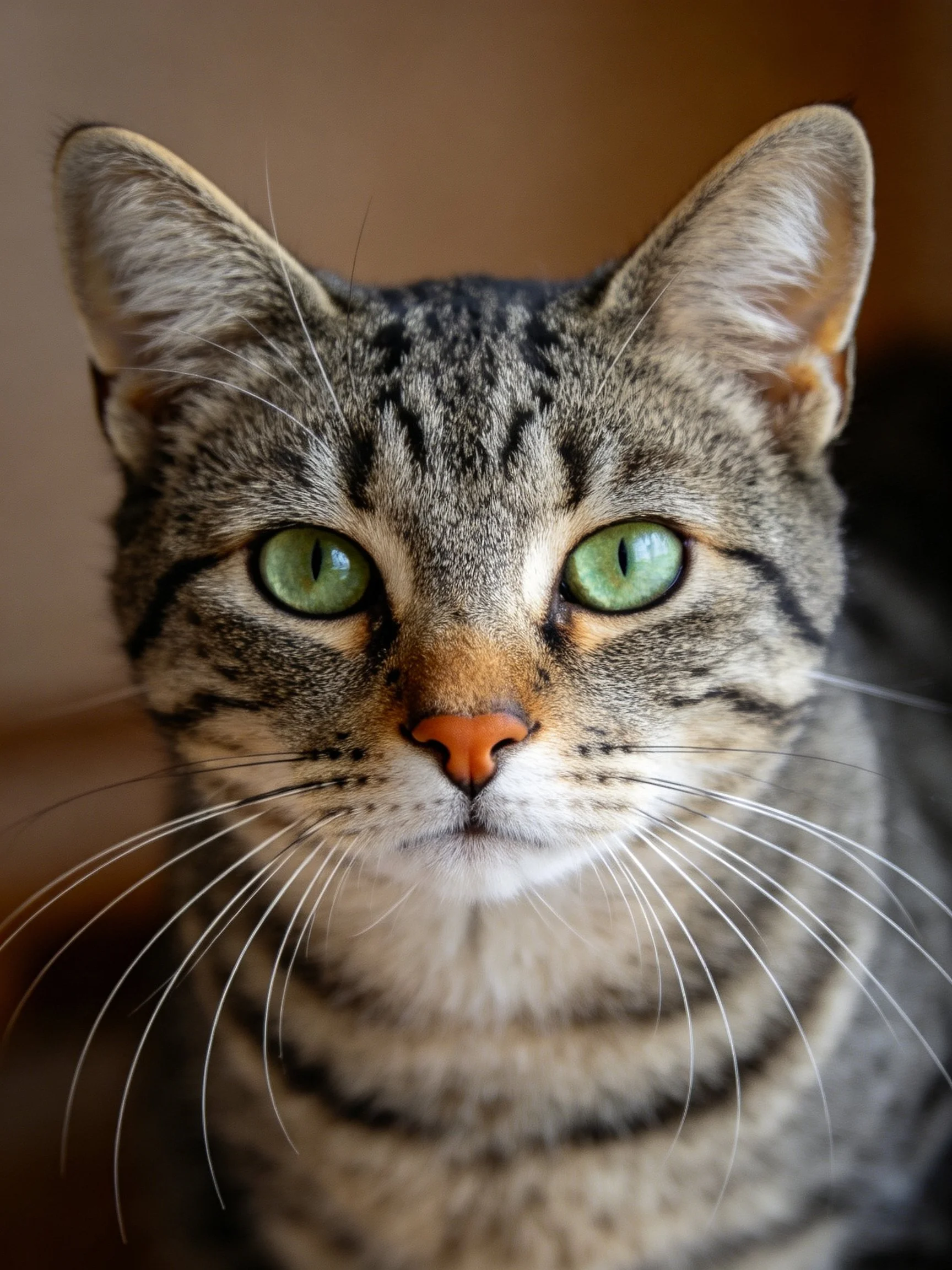 A close-up of a tabby cat with vivid green eyes.