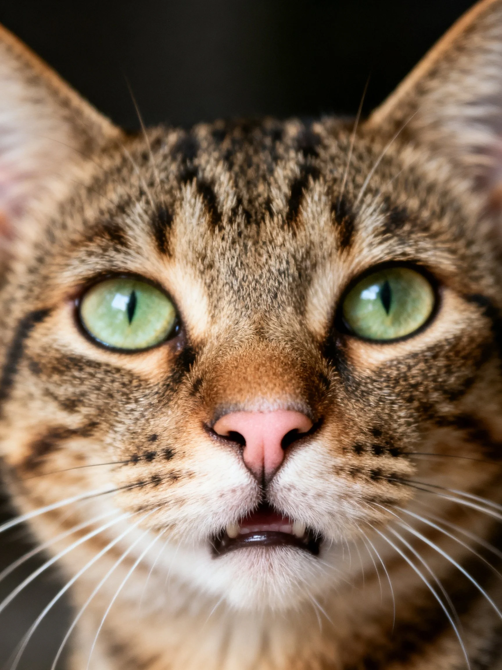 Close-up portrait of a tabby cat with vivid green eyes