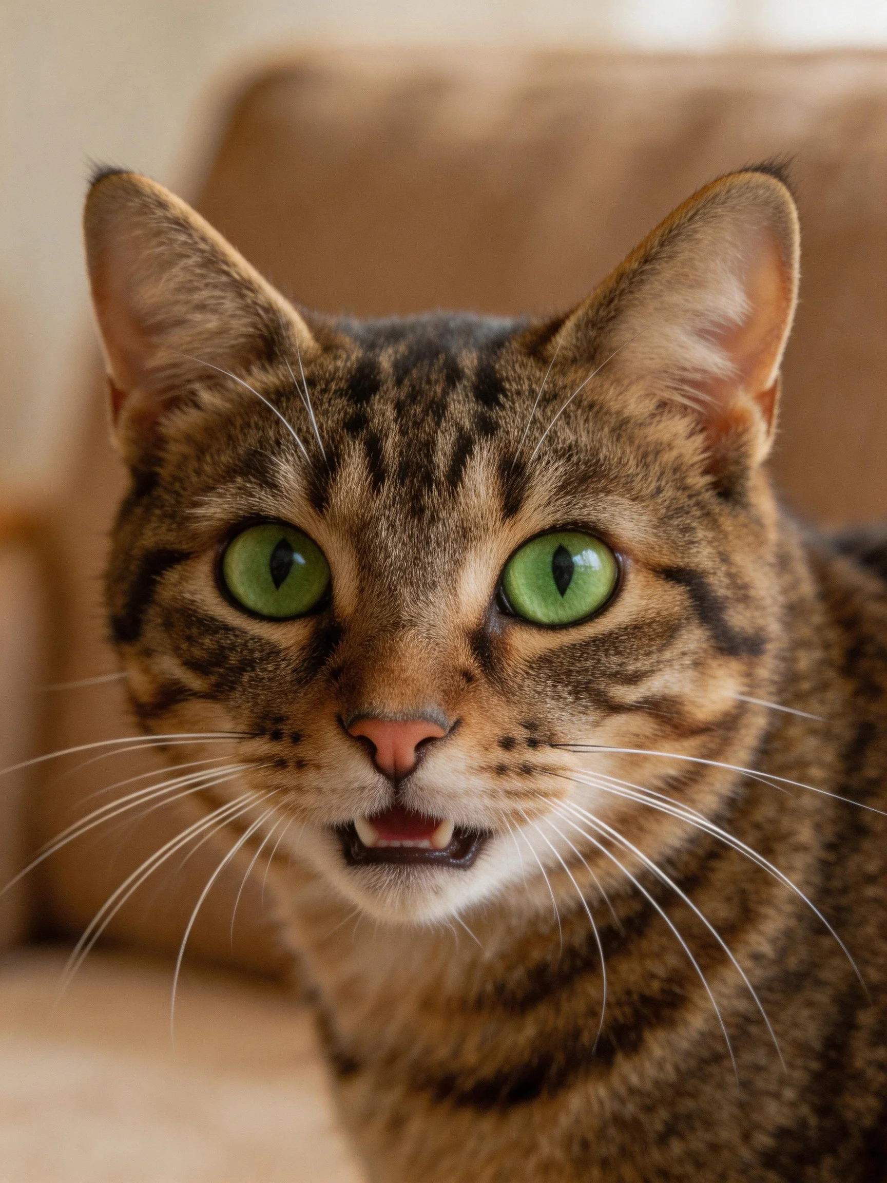 Close-up portrait of a tabby cat with vivid green eyes