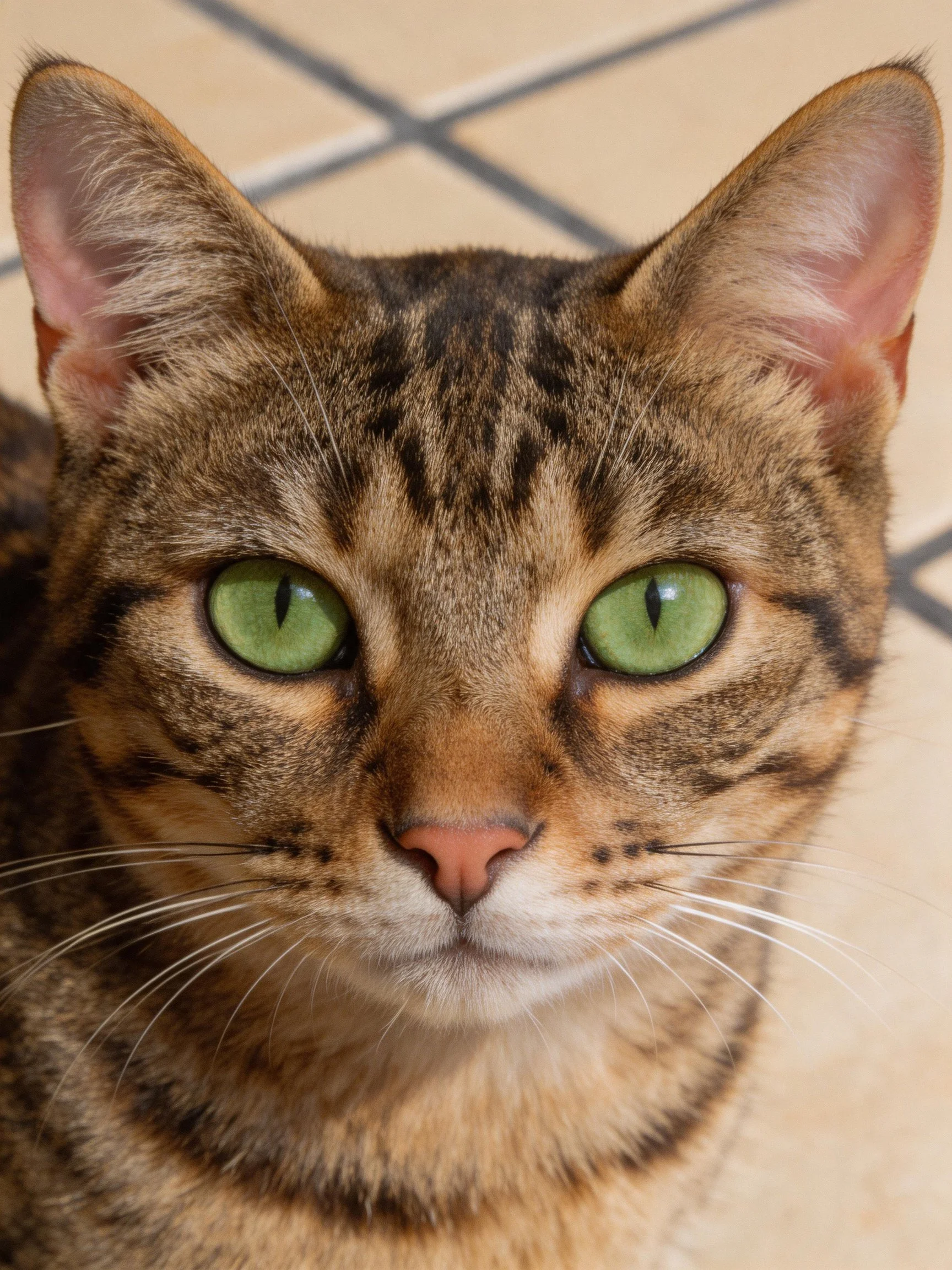 A tabby cat with bright green eyes stares directly at the camera in a close-up.