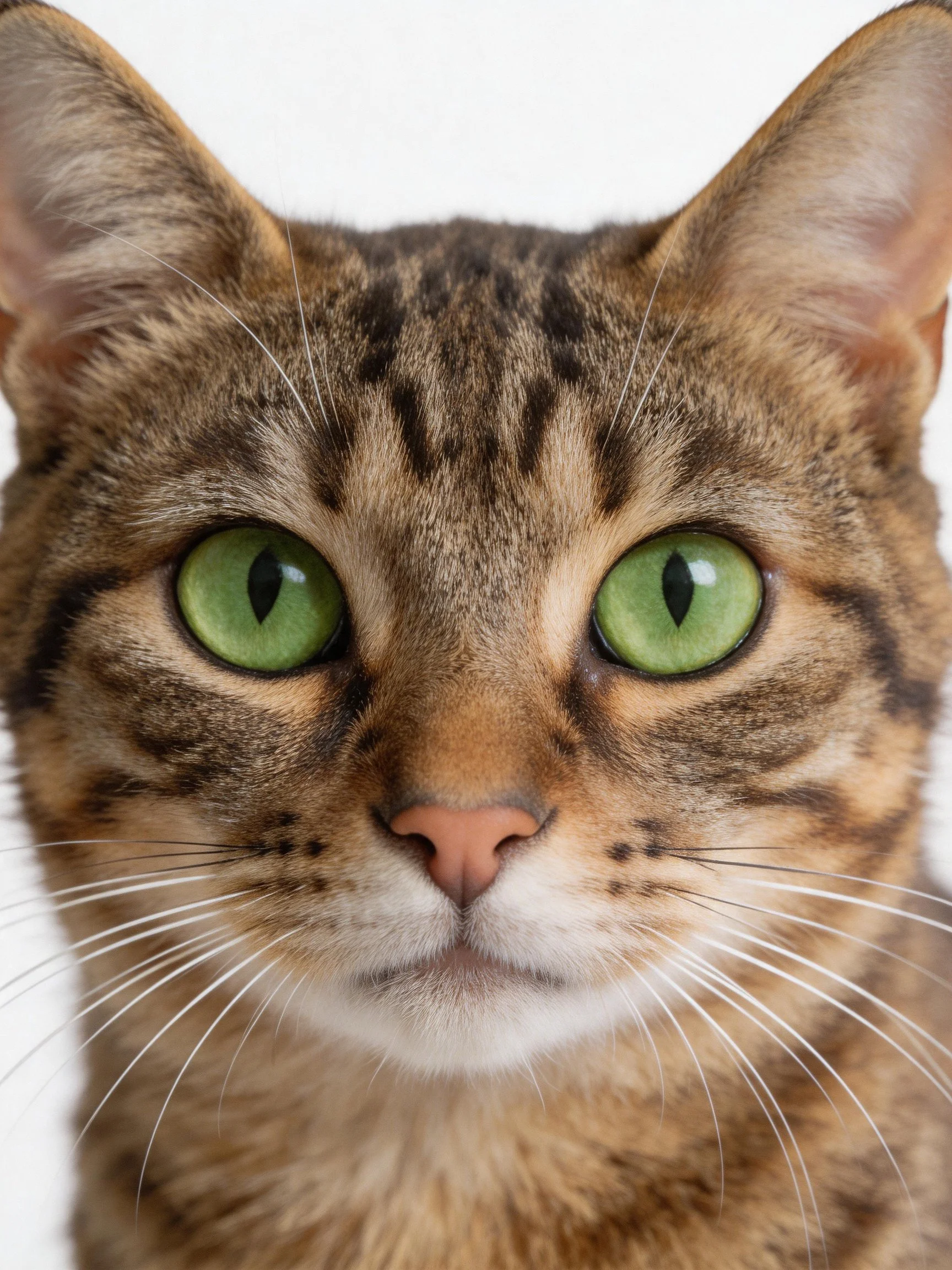 A close-up shows a tabby cat with striking green eyes.