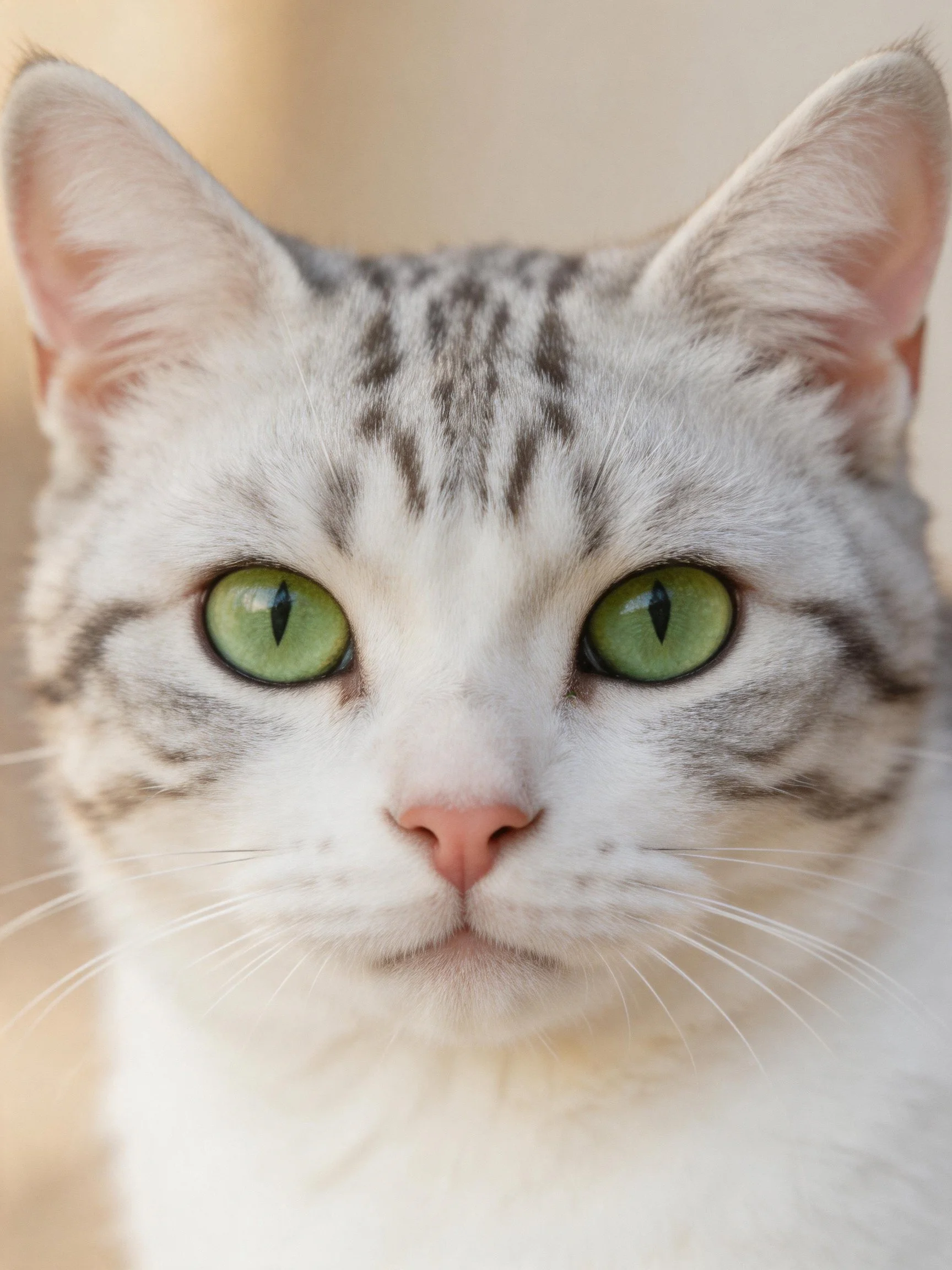 Close-up portrait of a white and gray tabby cat with bright green eyes