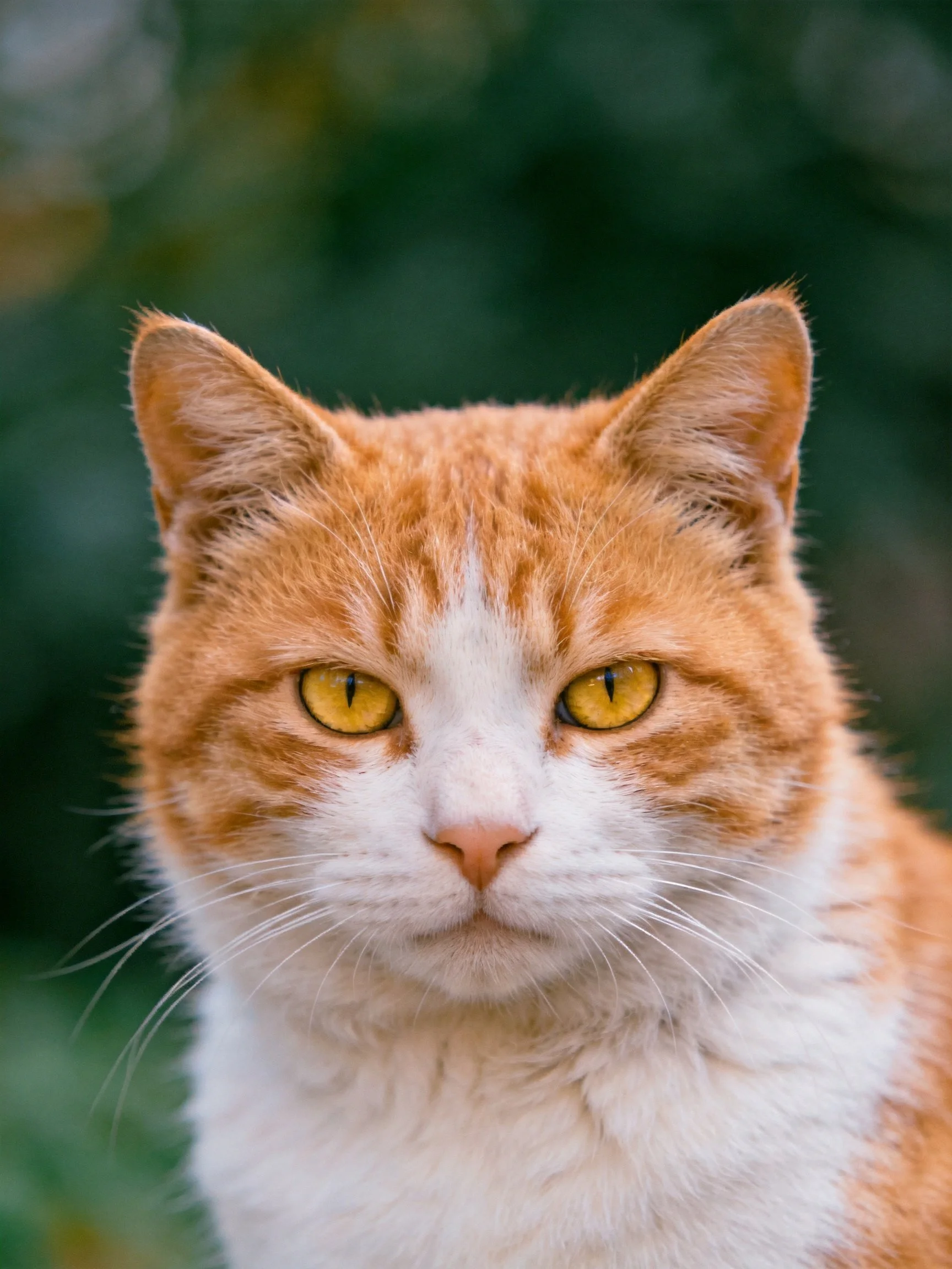 A close-up shows an orange and white tabby cat with striking yellow eyes.