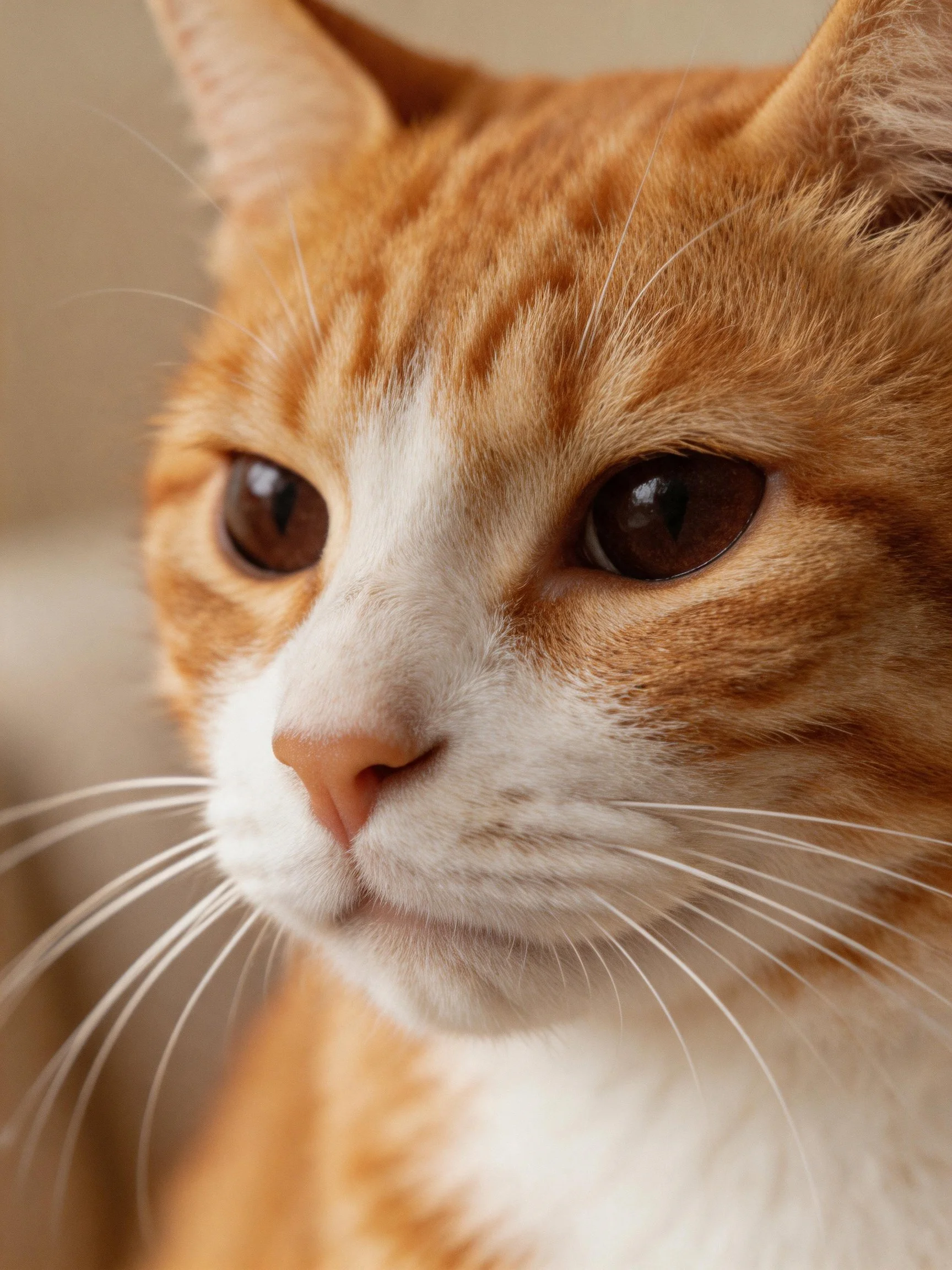 A close - up showcases an orange and white tabby cat with striking facial features.
