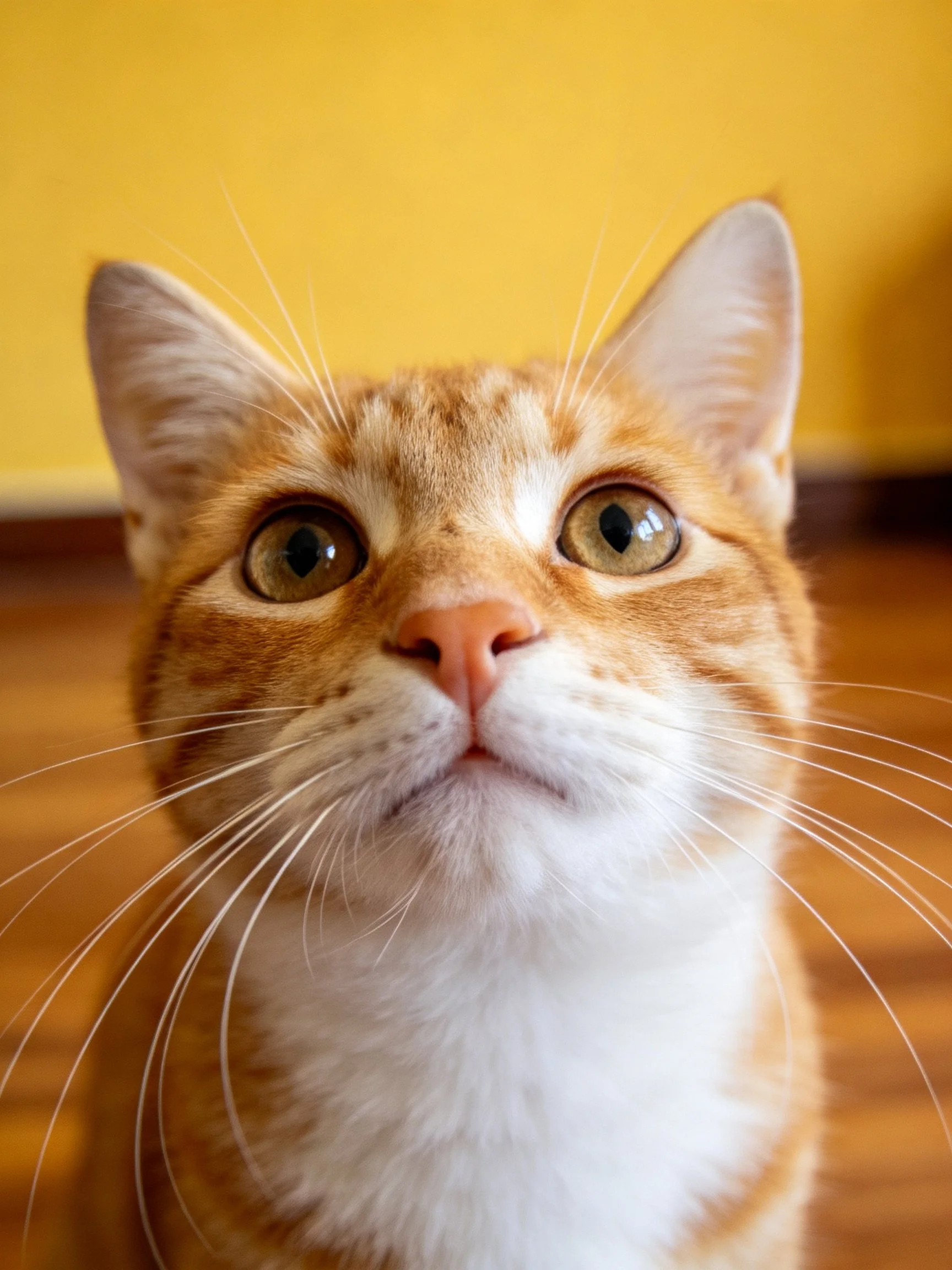 A close-up of an orange and white cat with wide eyes looks upward.