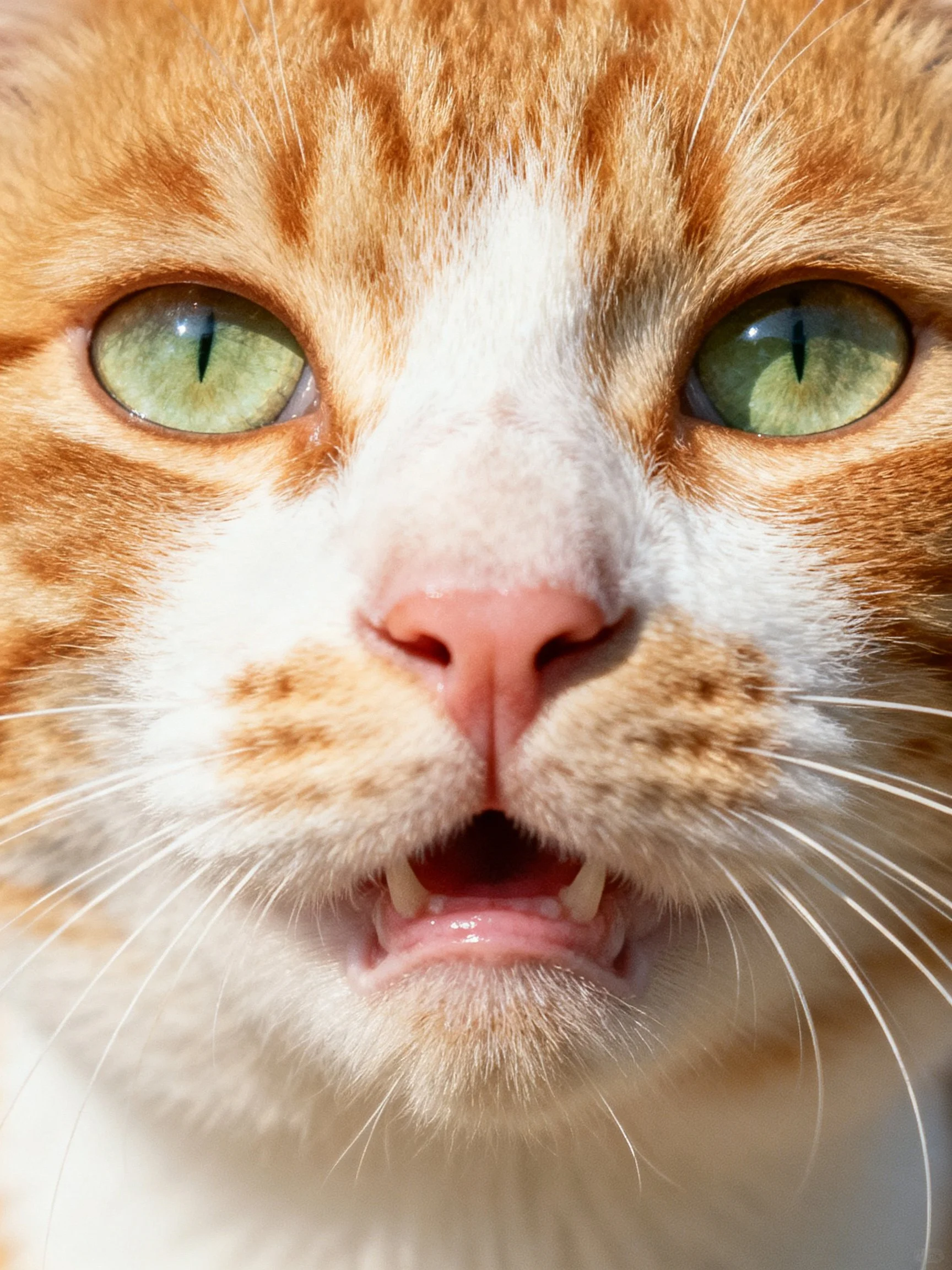 A close-up reveals an orange and white cat with green eyes and an open mouth.