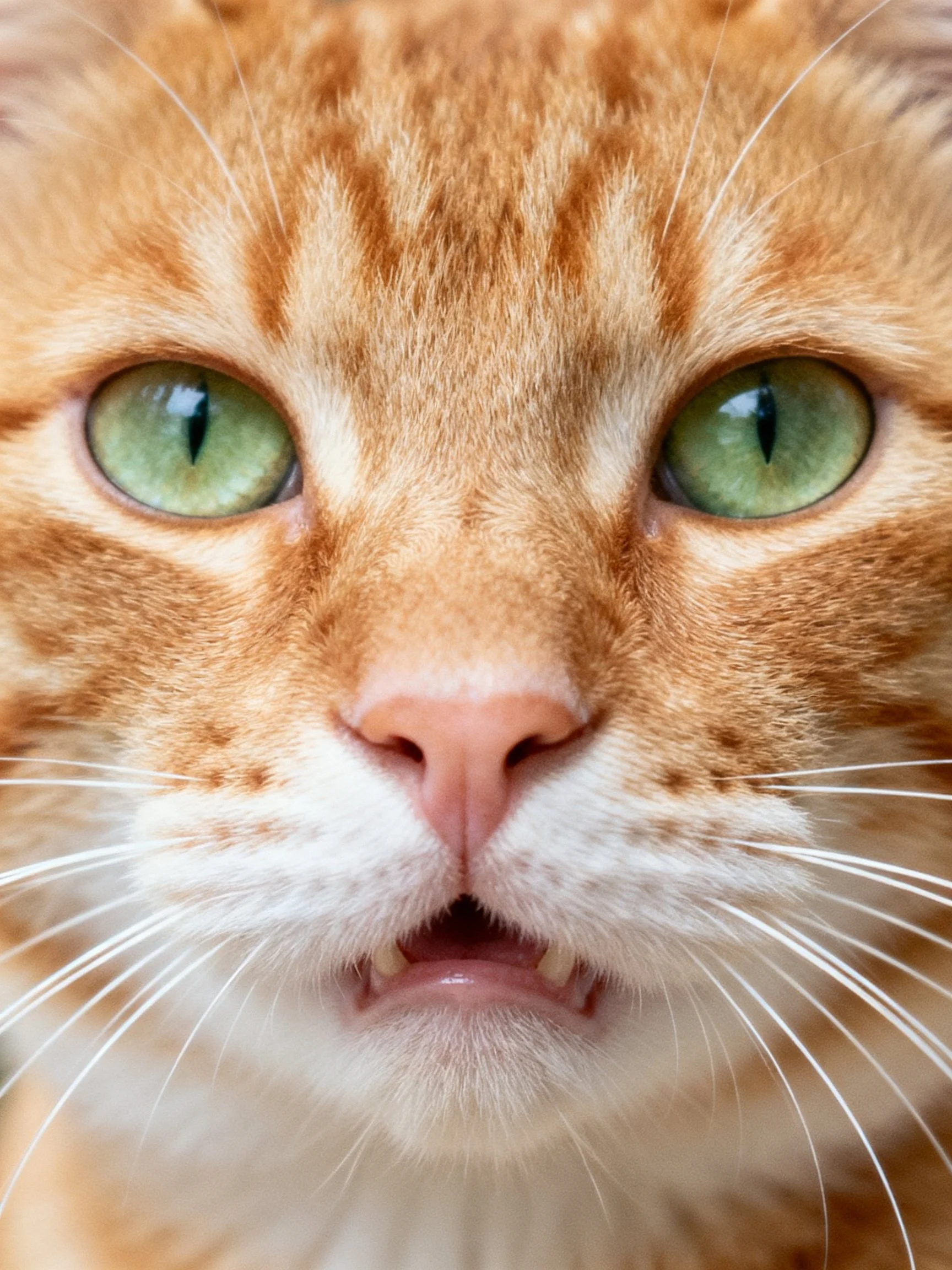 A close-up view of an orange tabby cat with striking green eyes.