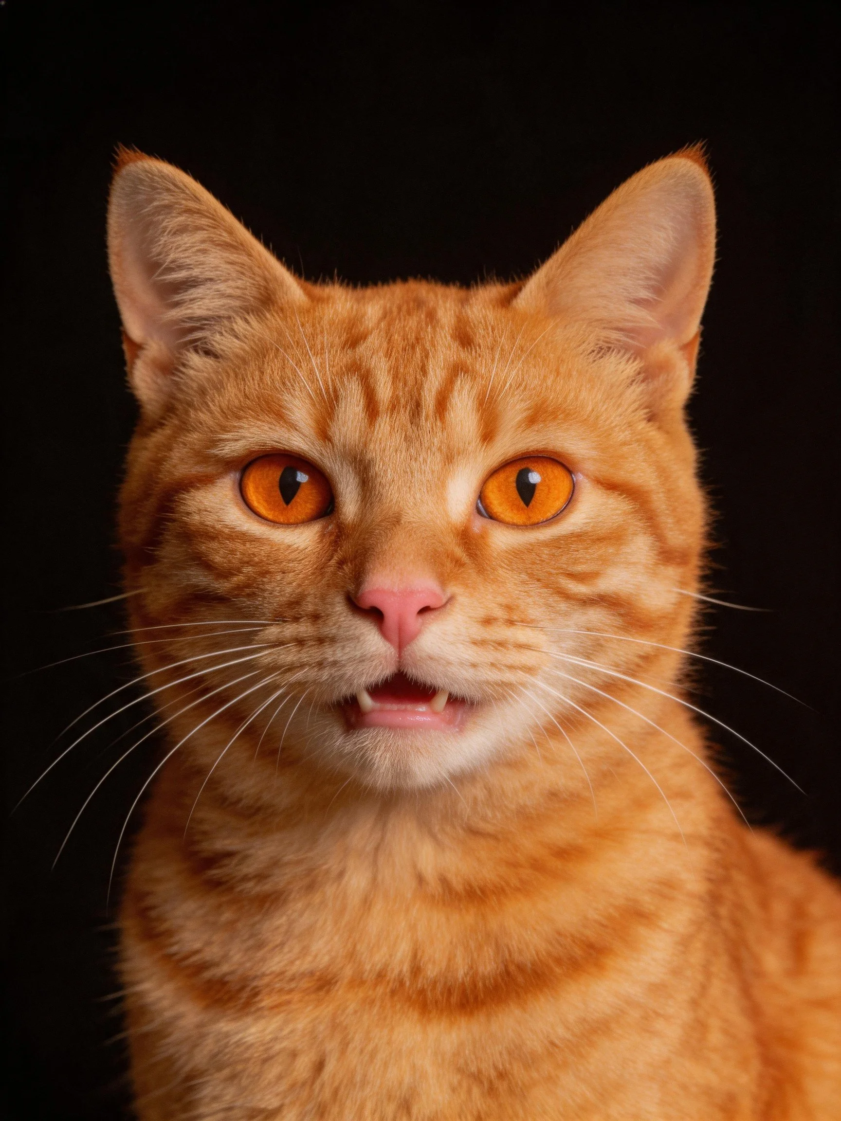 A close-up displays an orange tabby cat with bright eyes against a dark backdrop.