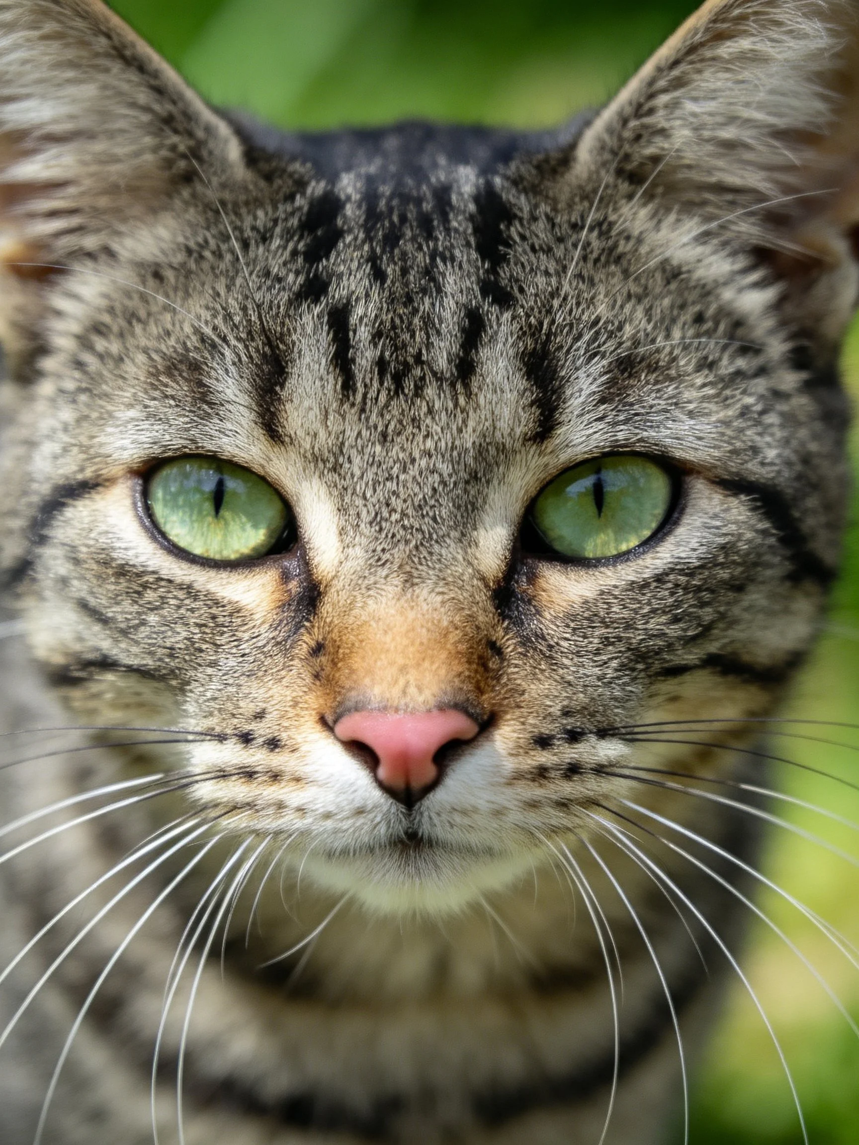 Close - up view of a tabby cat with bright green eyes