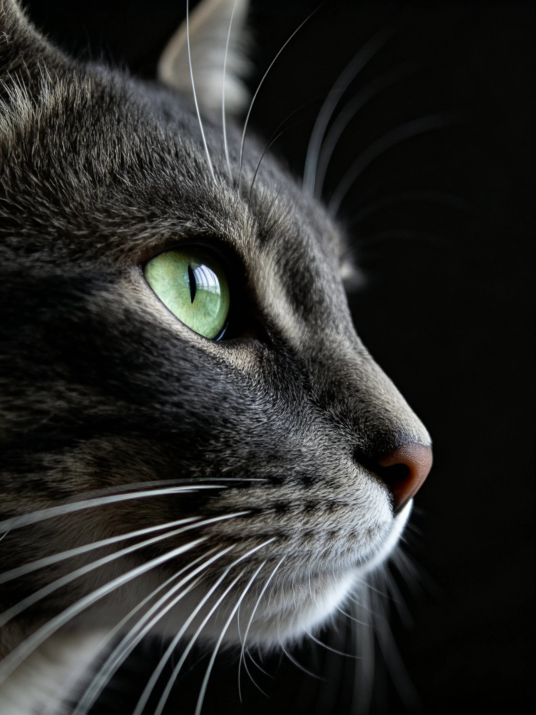Close-up profile of gray tabby cat with bright green eye