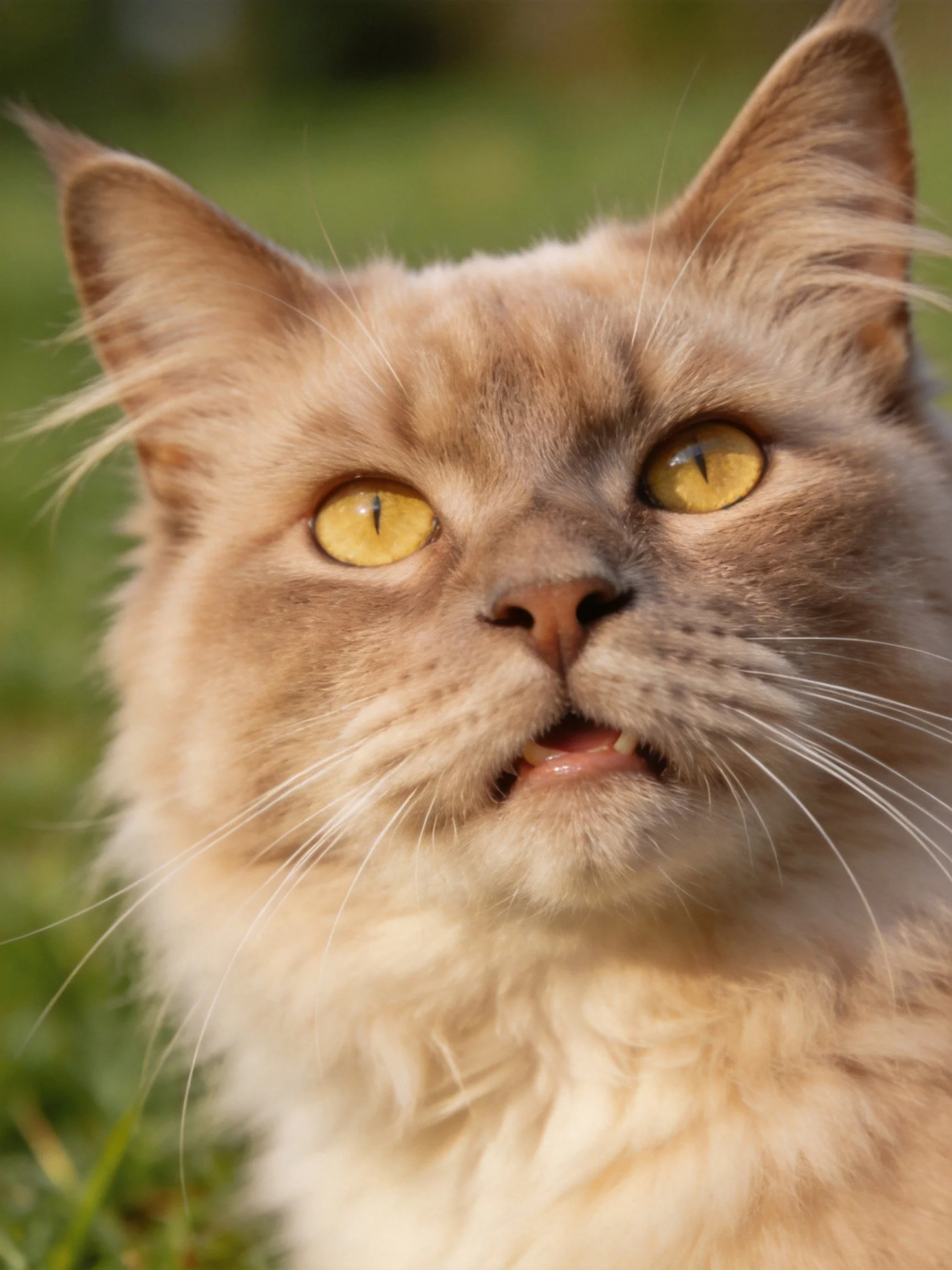 A close - up shows a light brown cat with bright yellow eyes in a natural outdoor area.