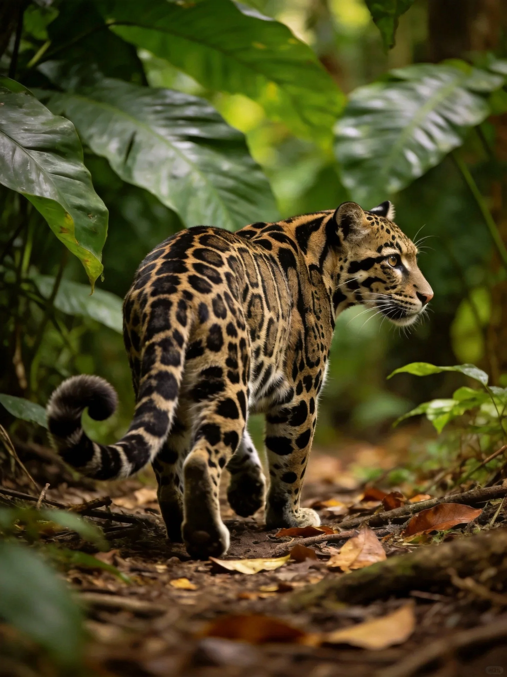 Clouded leopard navigates lush tropical jungle surroundings