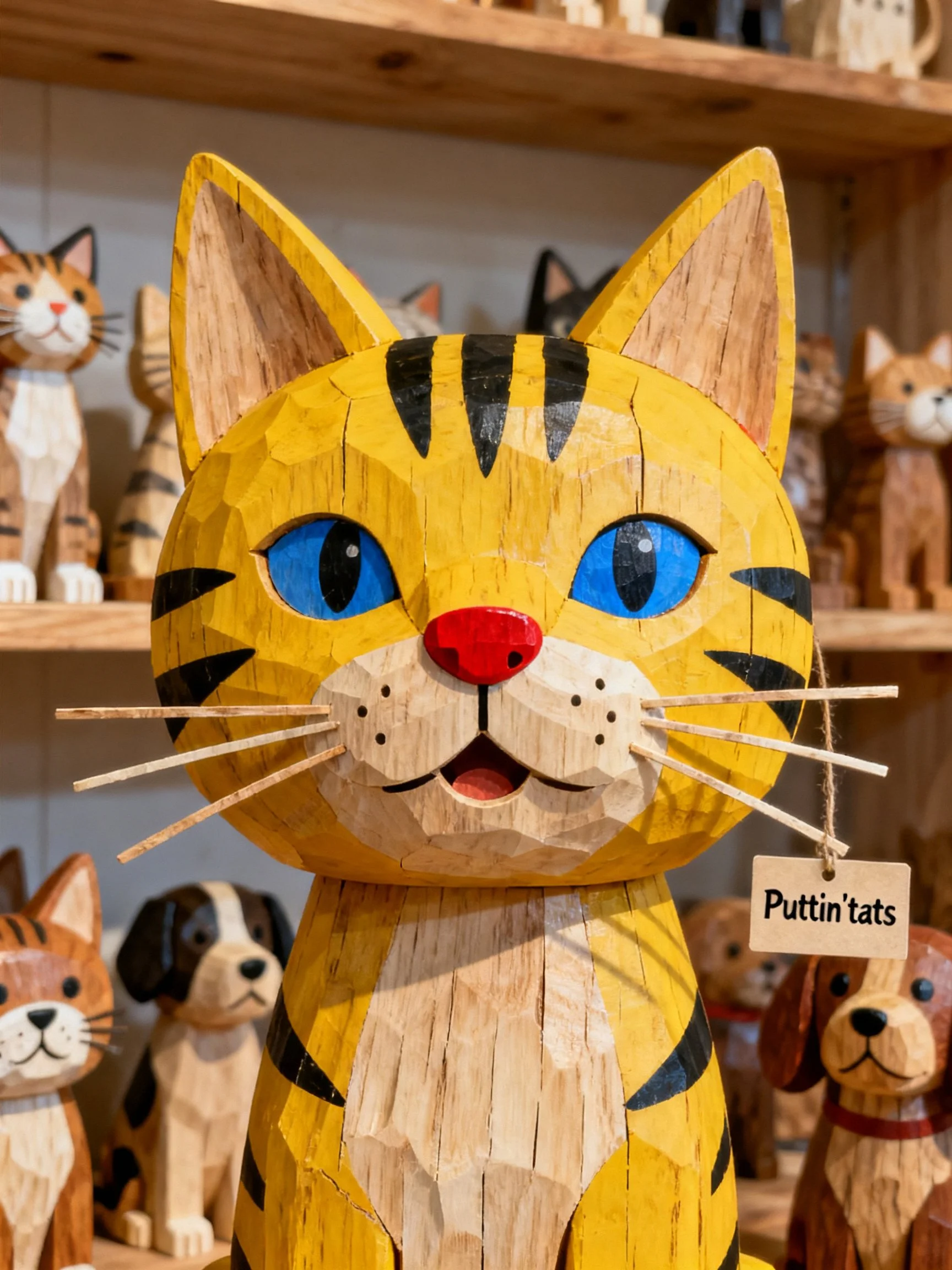 Colorful wooden cat figurine with blue eyes and striped pattern