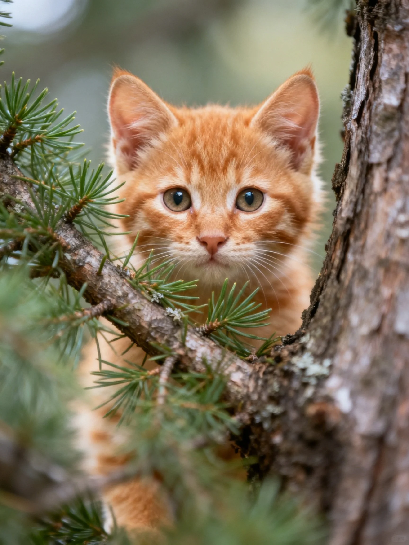 Curious orange kitten peeking from pine branches in a tree