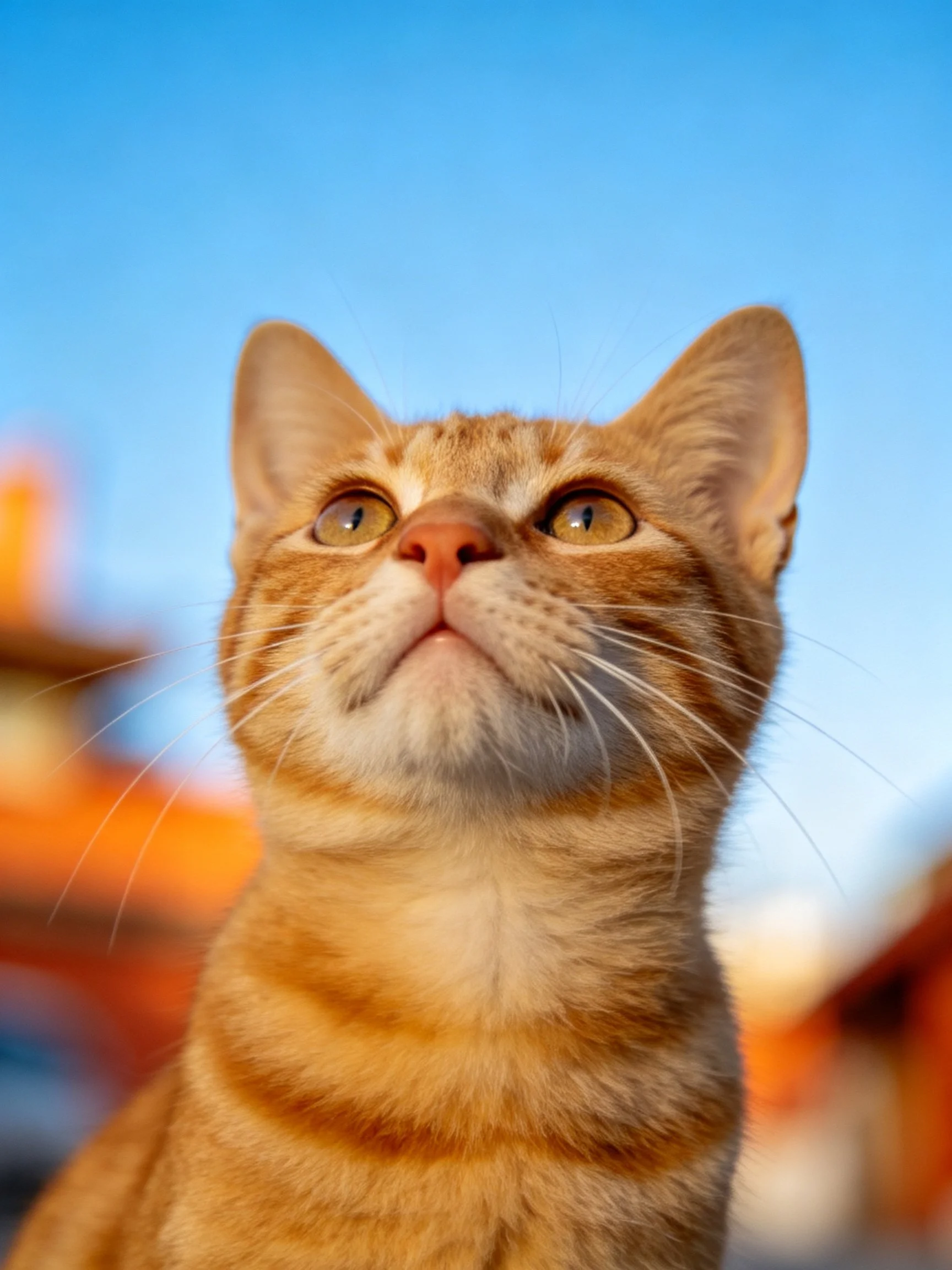 Curious orange tabby cat gazes upward at clear blue sky