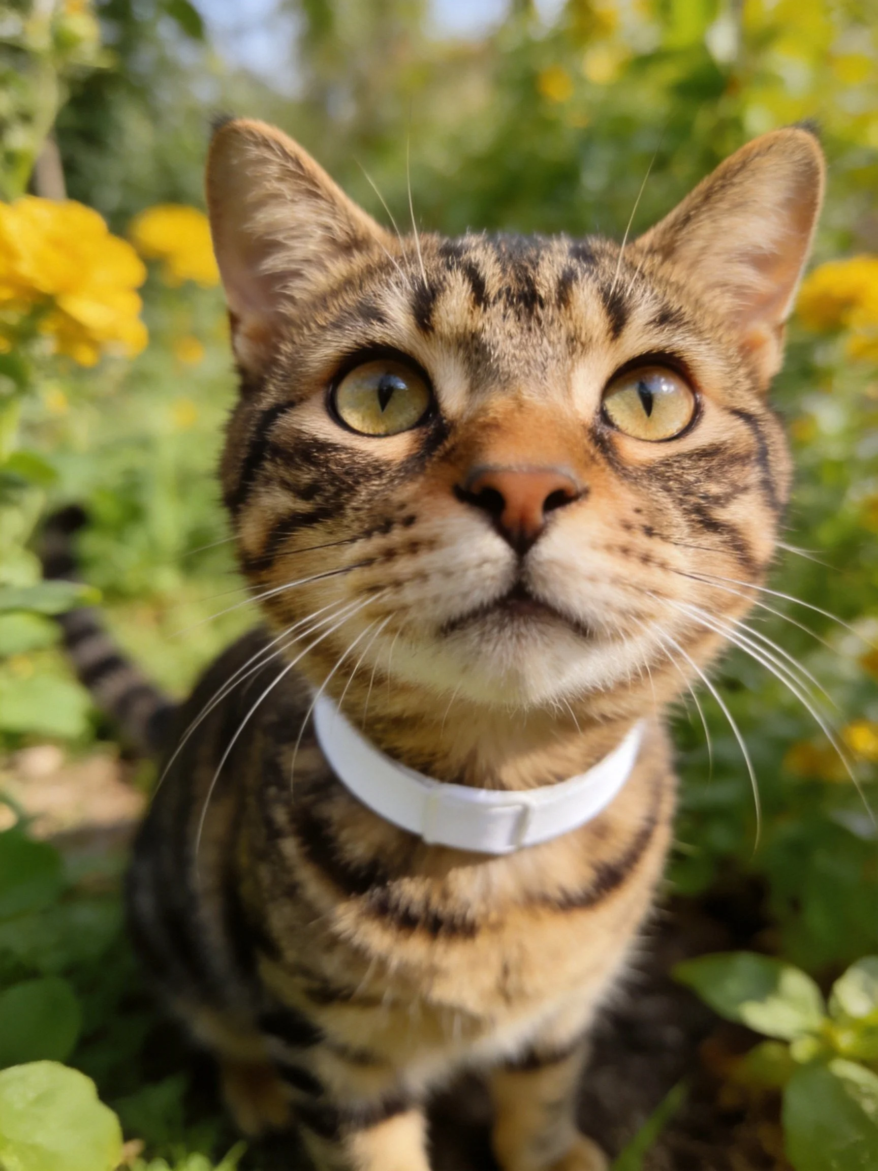 Curious tabby cat with white collar near yellow flowers