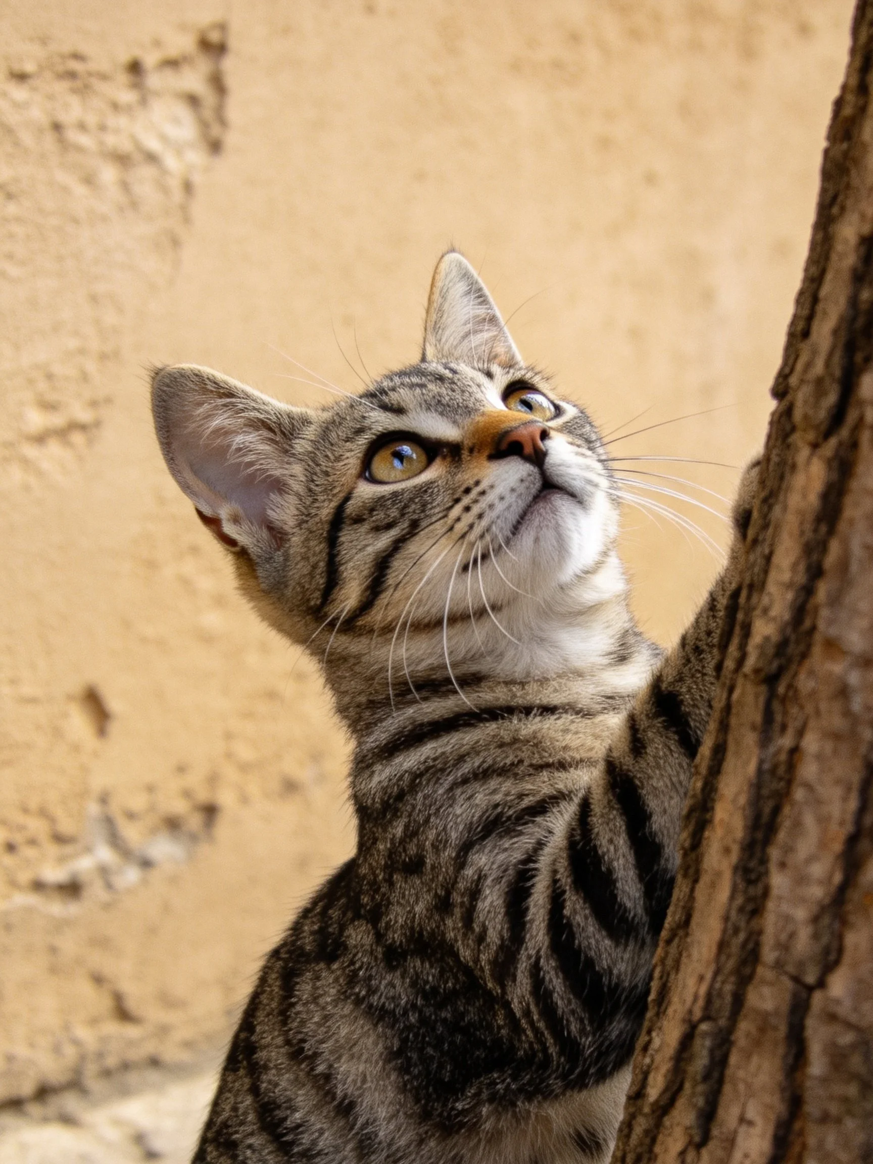 Curious tabby kitten leans toward a rough tree trunk by a beige wall