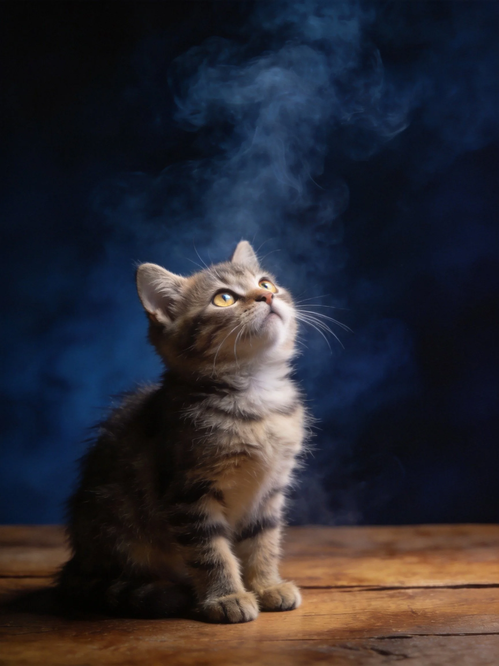 A curious tabby kitten sits on wood with dark blue mist in the background.