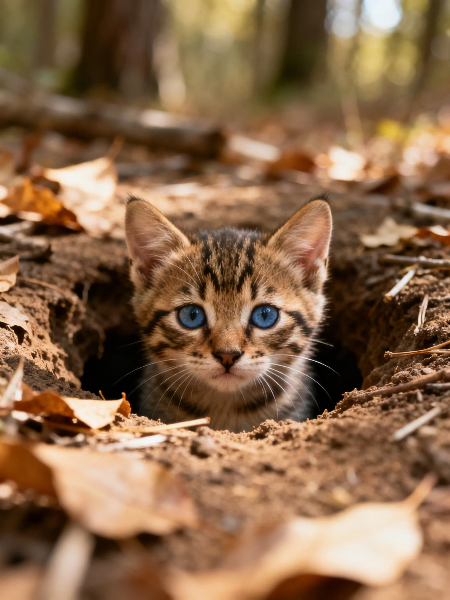 A curious tabby kitten with bright blue eyes peeks outfrom a dirt hole surrounded by autumn leaves.