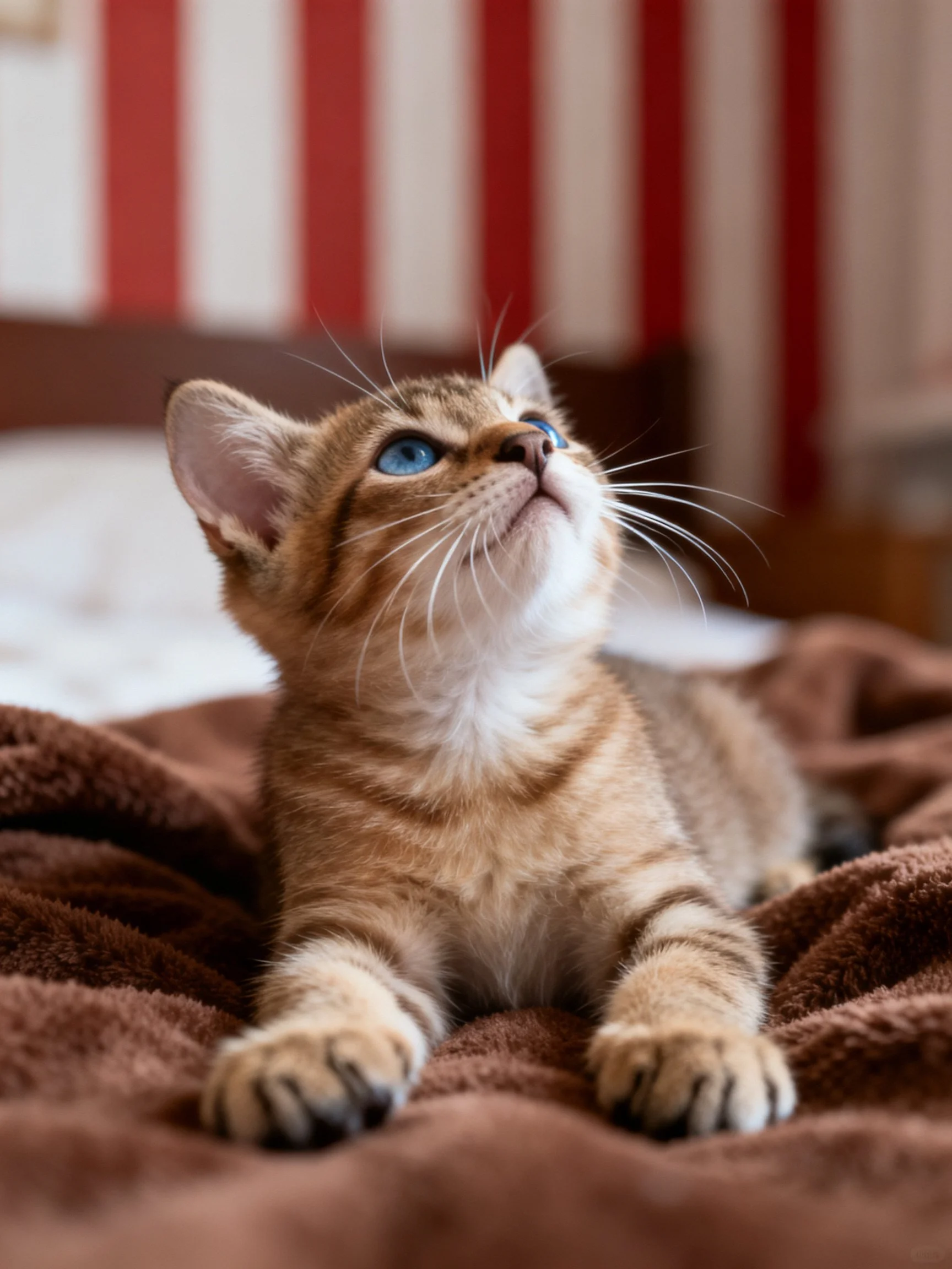 Curious tabby kitten with blue eyes rests on a brown blanket while gazing upward.