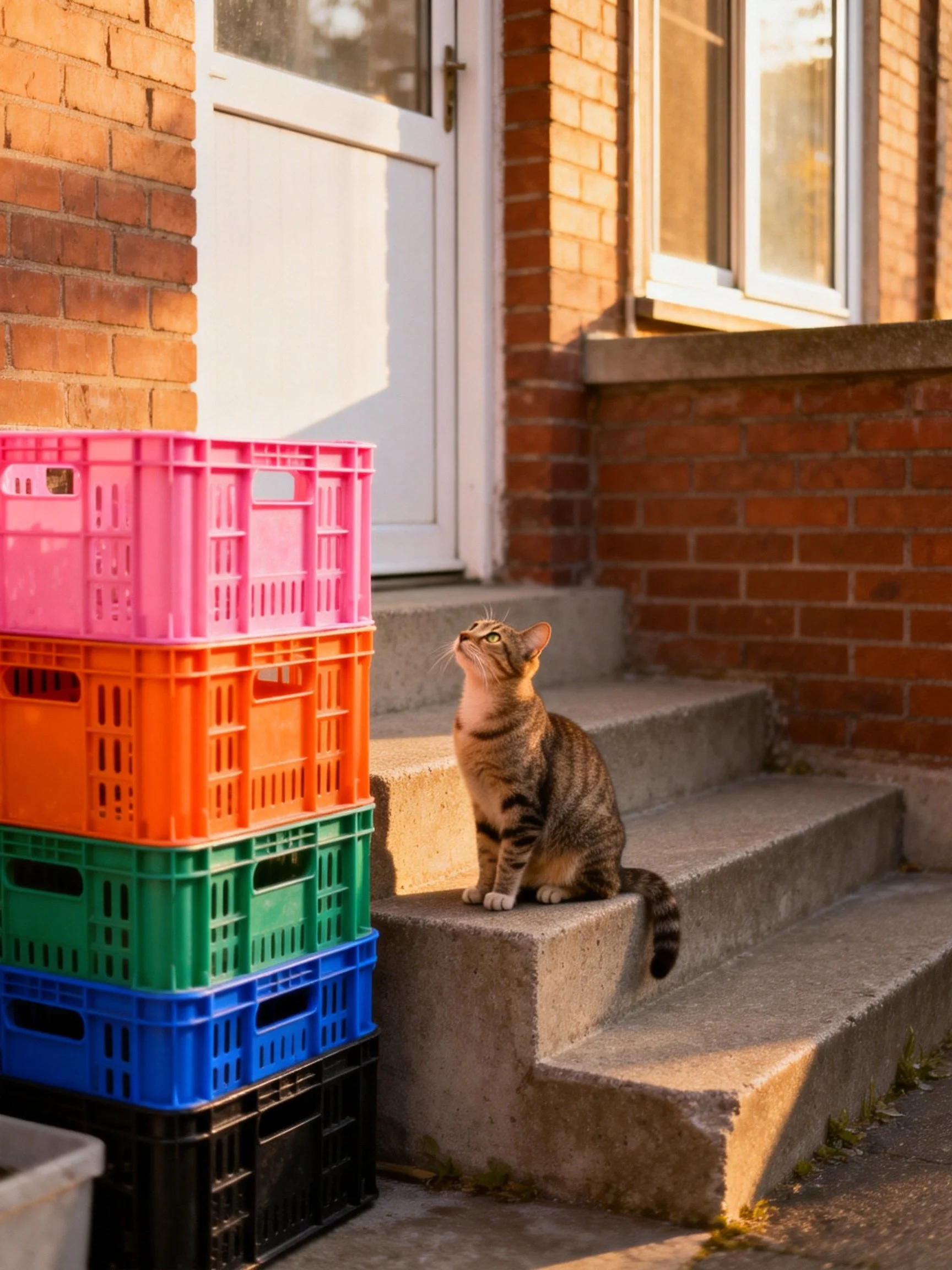 Five colorful plastic crates stacked beside a tabby cat on concrete steps