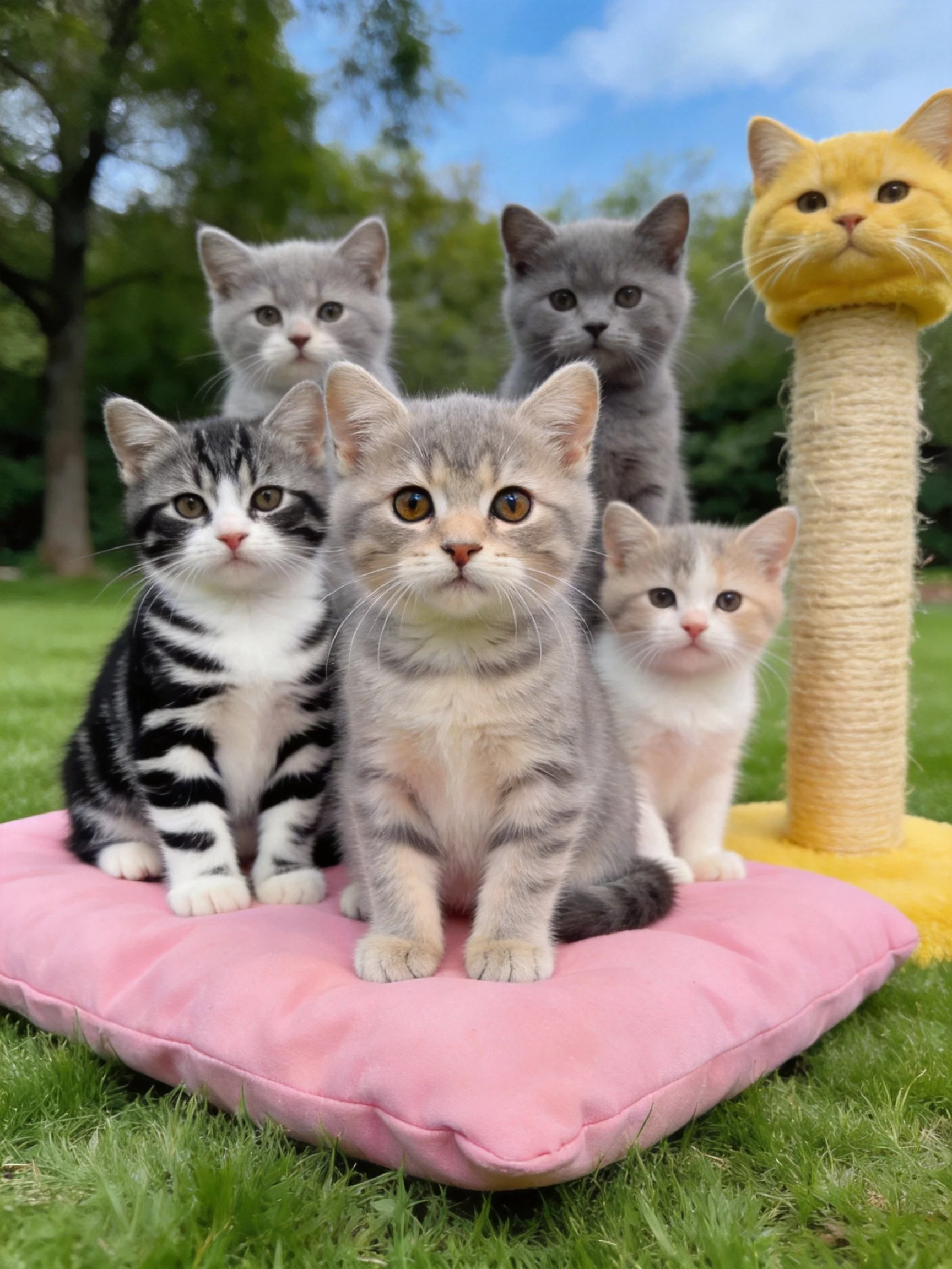 Five kittens of assorted hues rest on a pink cushion beside a yellow cat toy