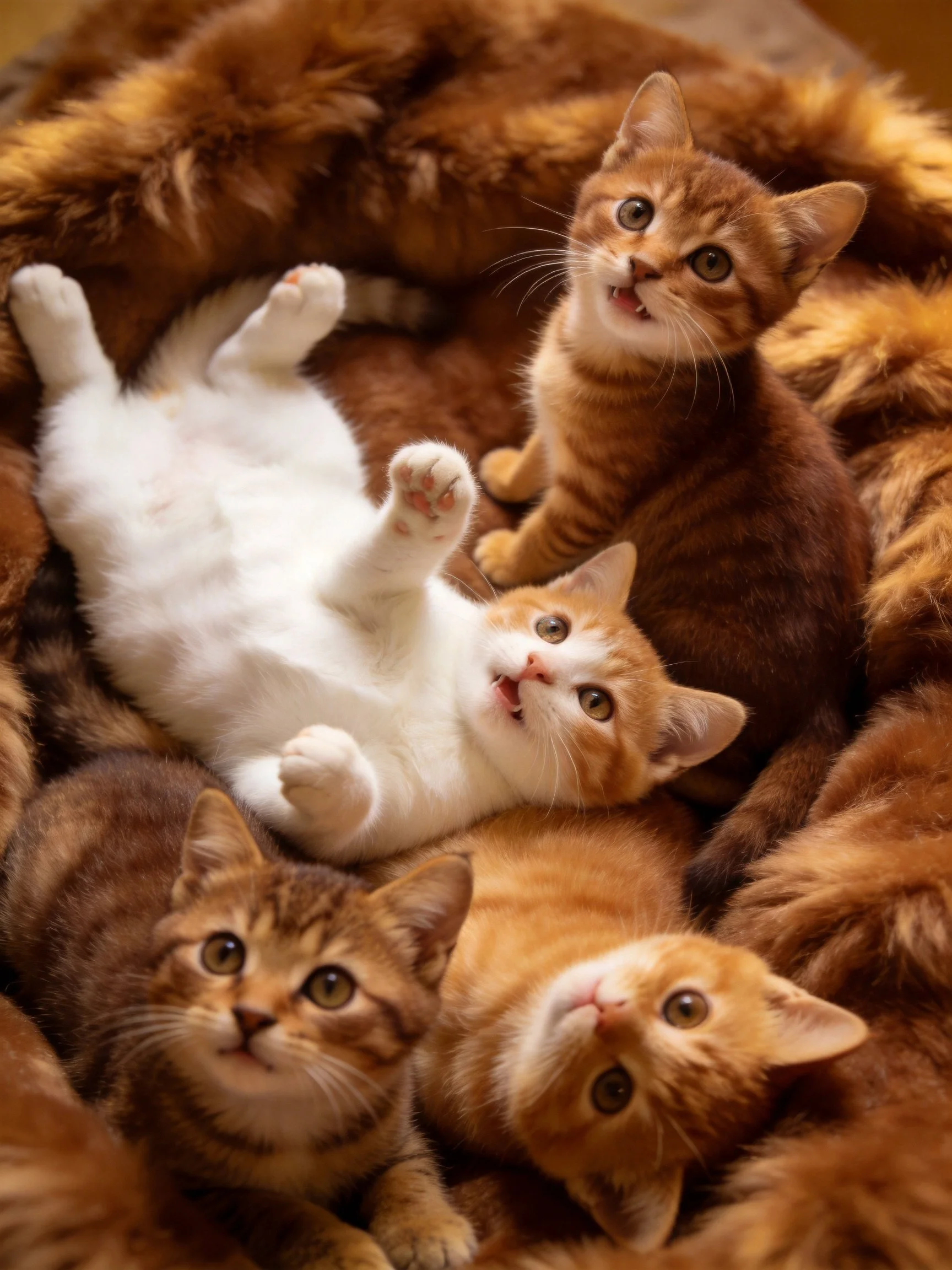 Five kittens of varied colors snuggle in soft brown fur